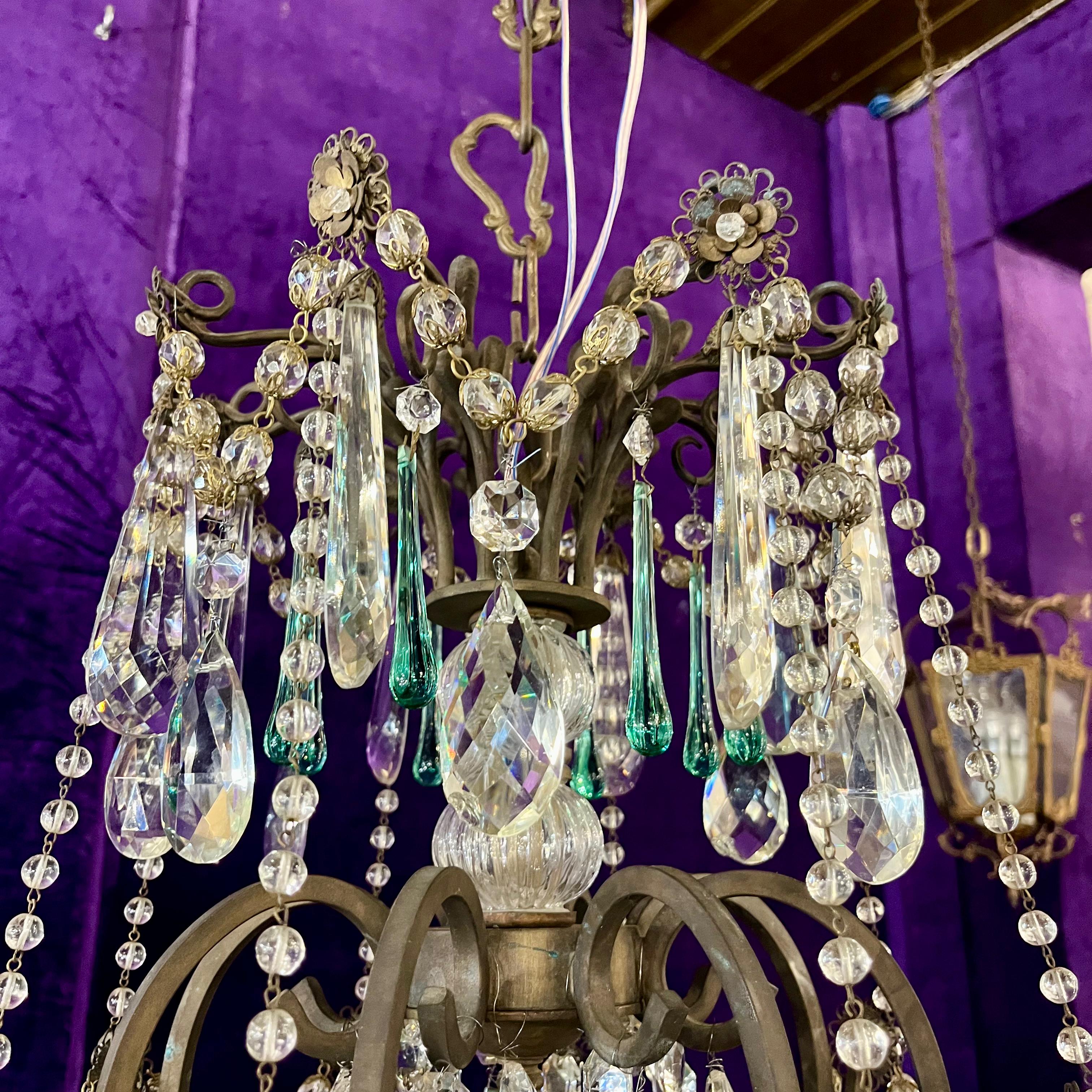 Antique Brass Chandelier with Original and Coloured Crystal, c.1900