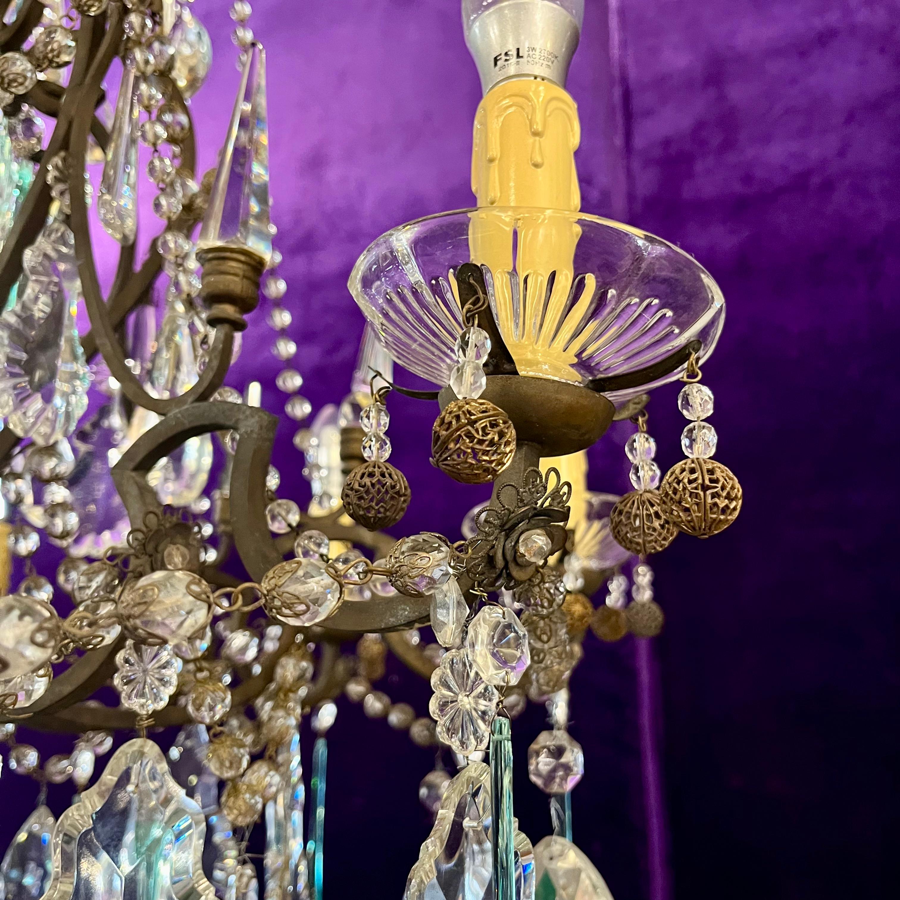 Antique Brass Chandelier with Original and Coloured Crystal, c.1900