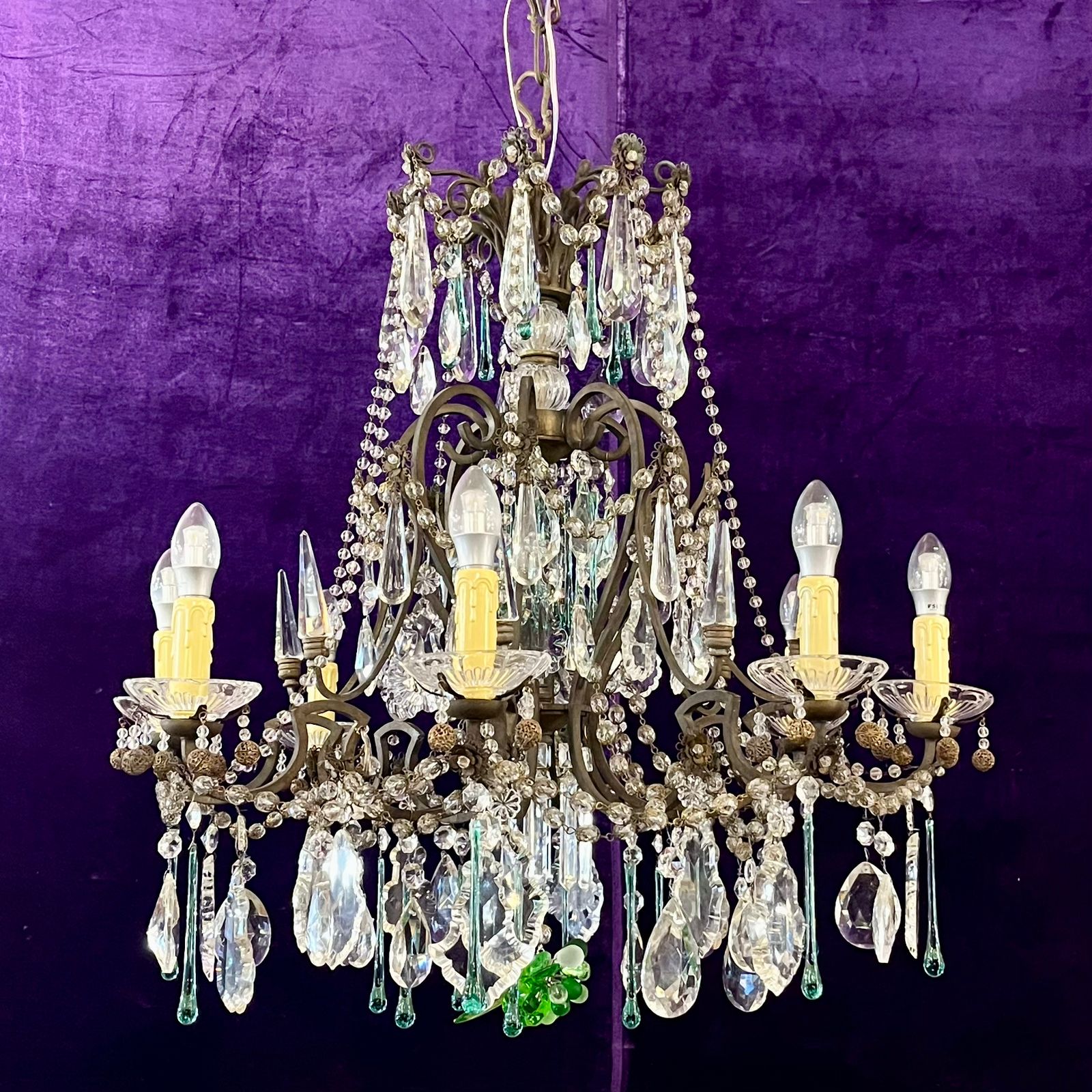 Antique Brass Chandelier with Original and Coloured Crystal, c.1900