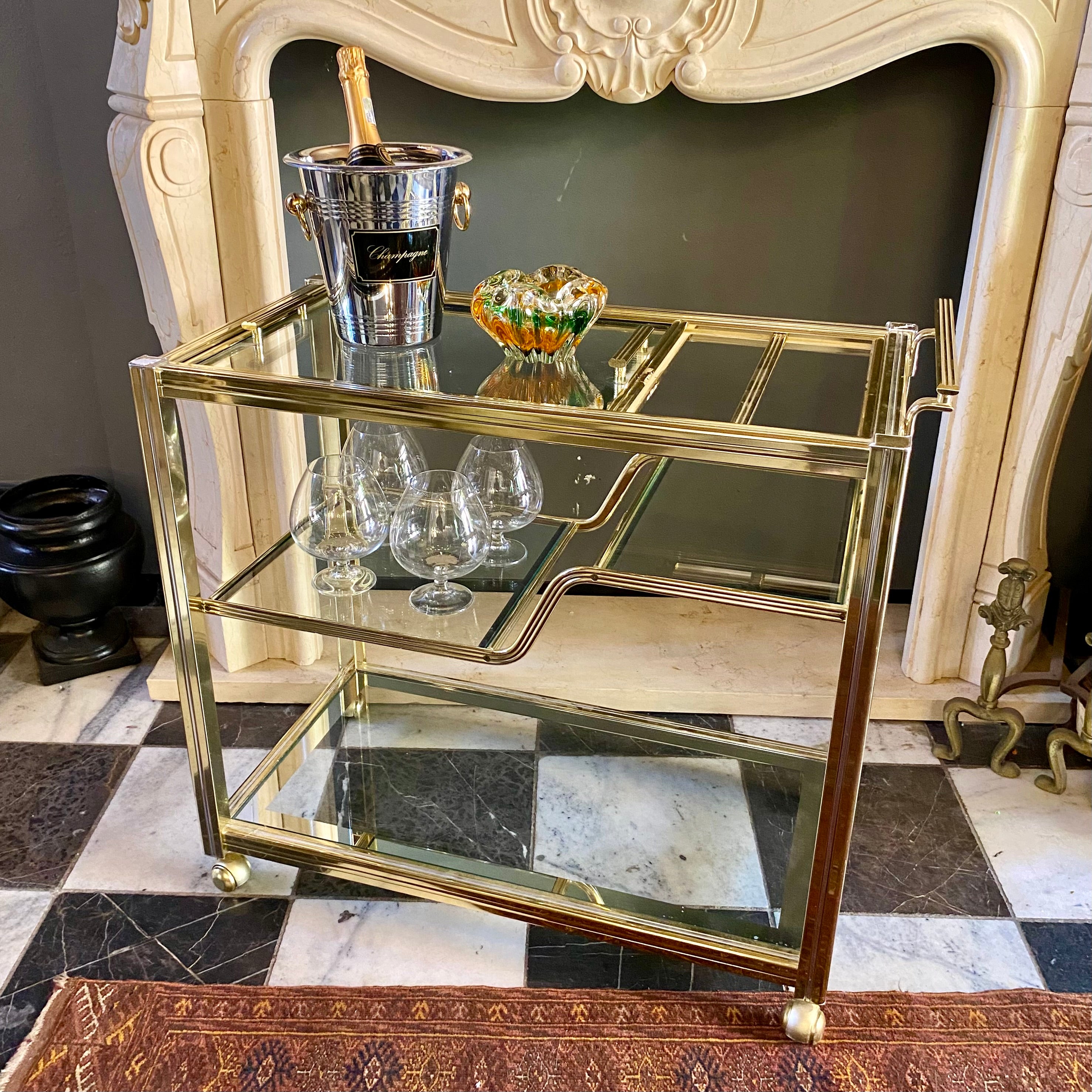 Amazing Vintage Brass and Glass Drinks Trolley