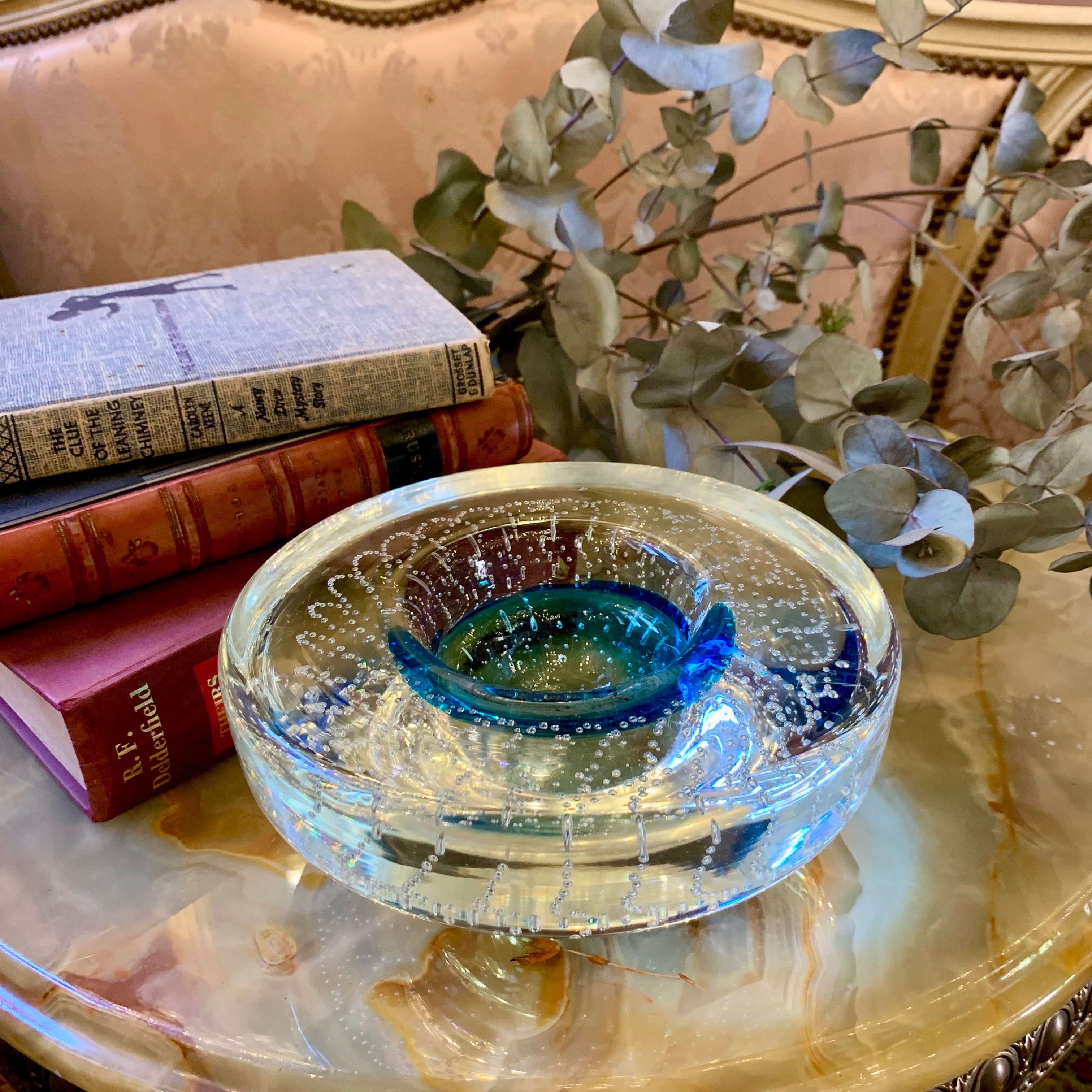 Heavy Clear and Blue Murano Ashtray