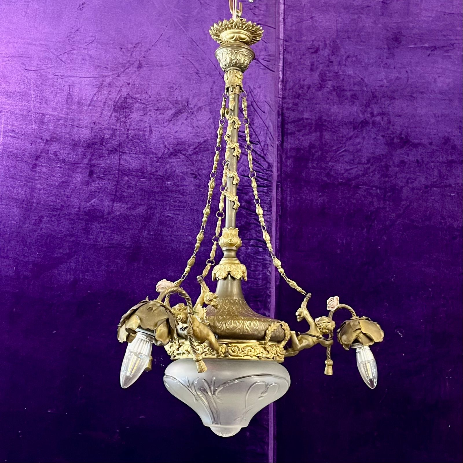 French Brass& Etched Glass Cherub Chandelier, c.1900
