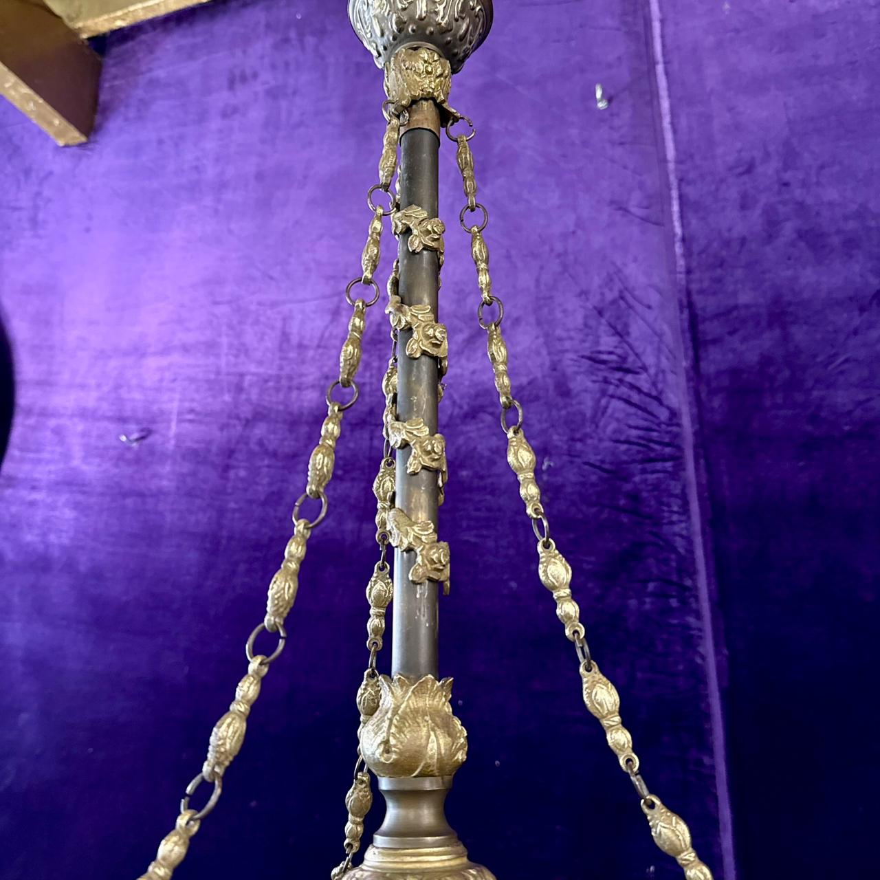 French Brass& Etched Glass Cherub Chandelier, c.1900