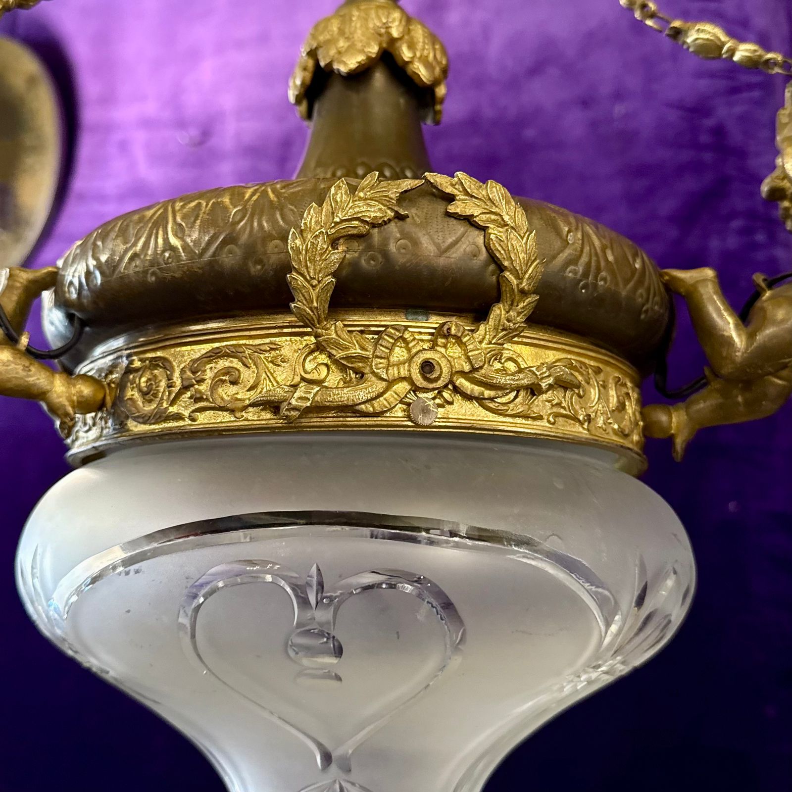 French Brass& Etched Glass Cherub Chandelier, c.1900