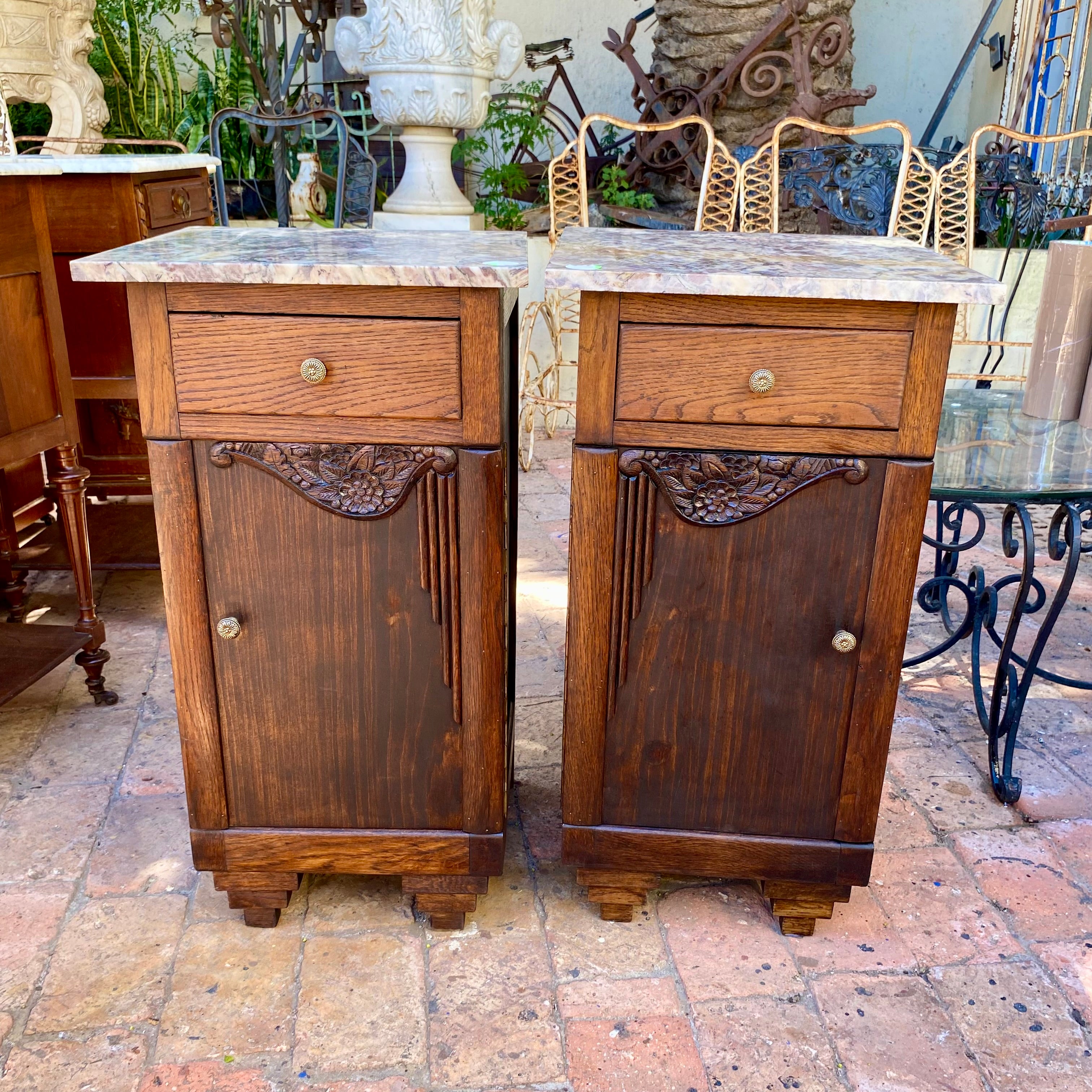 Edwardian Era Dark Oak Bedside Pedestals with Marble Top