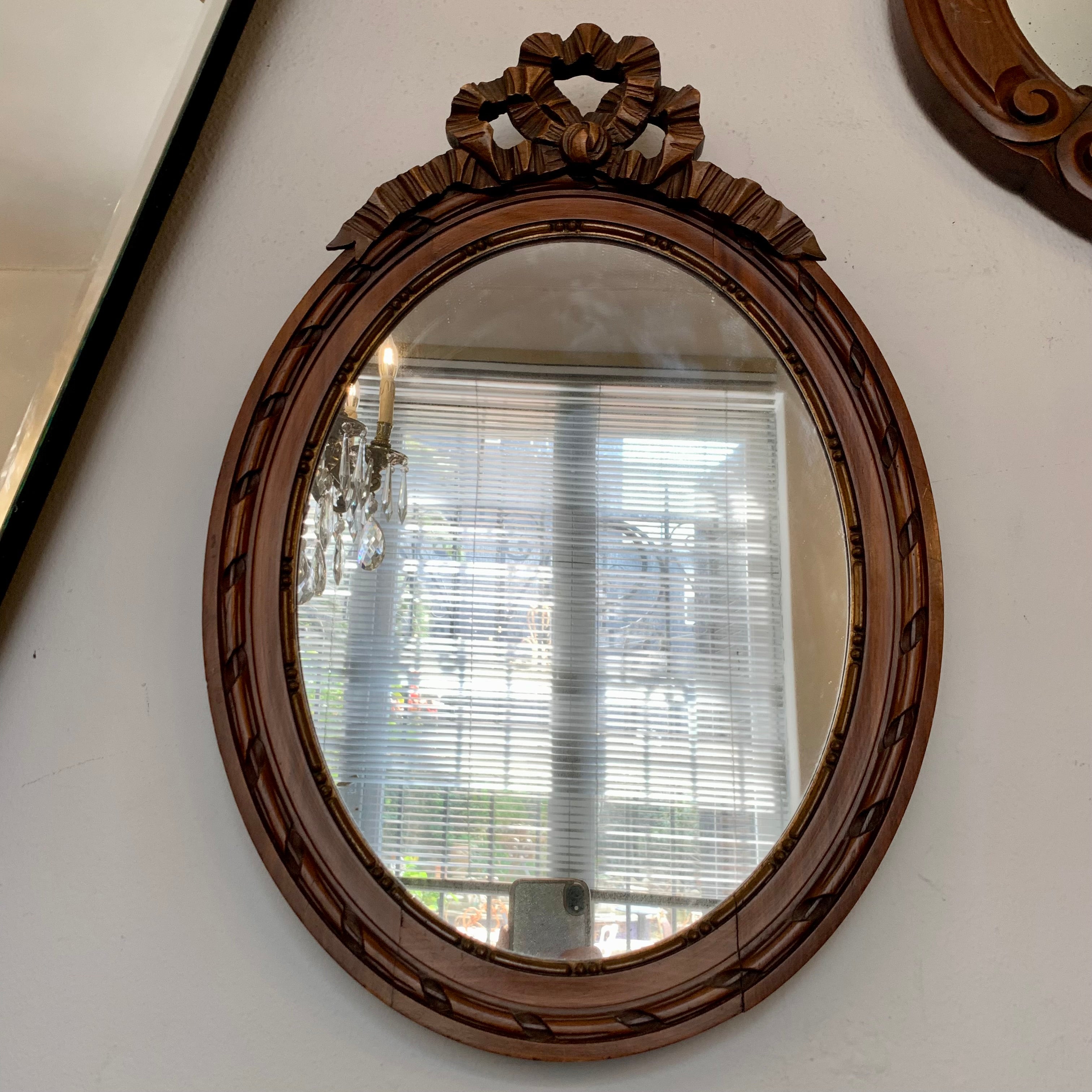 Petite Antique Oak Oval Mirror $