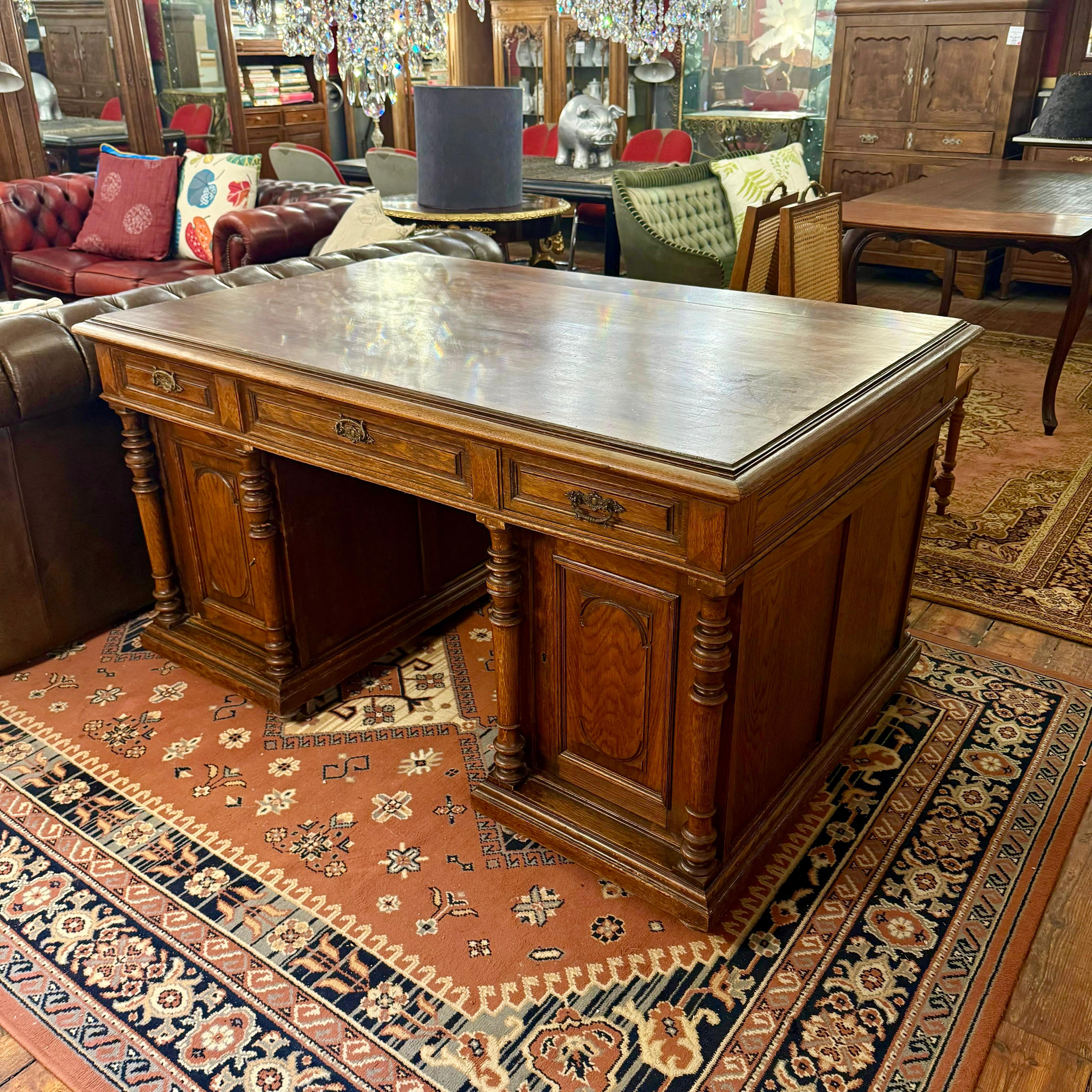 Oak Partner’s Desk with Panelled Sides and Turned Columns, Early 20th Century