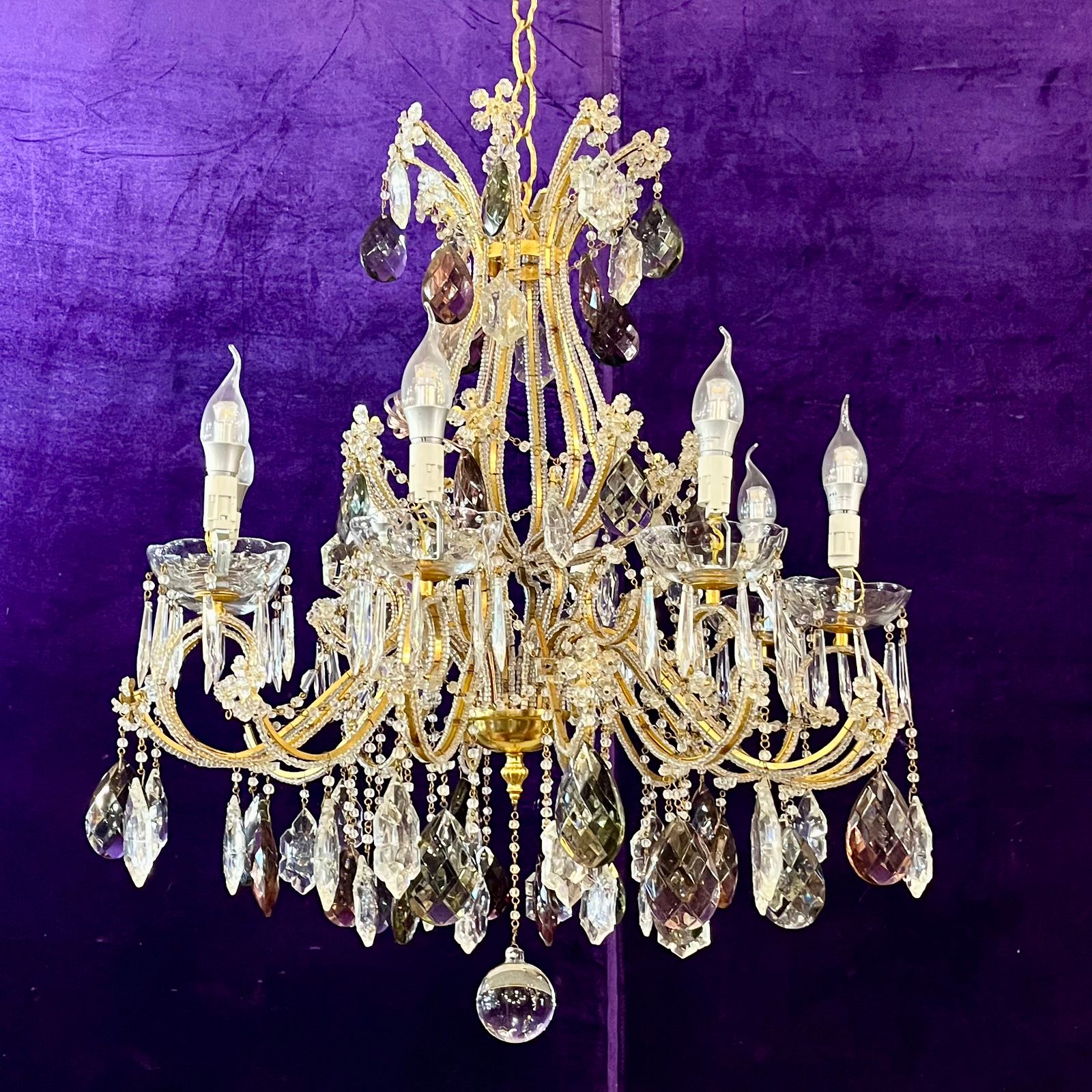 SOLD Exquisite Antique Brass Cage Chandelier with Crystal Flowers