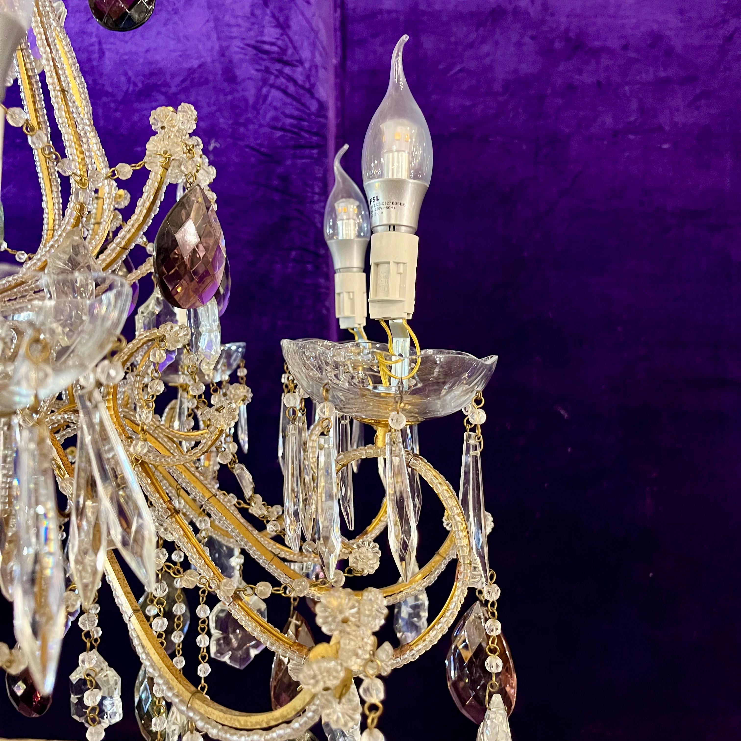 SOLD Exquisite Antique Brass Cage Chandelier with Crystal Flowers