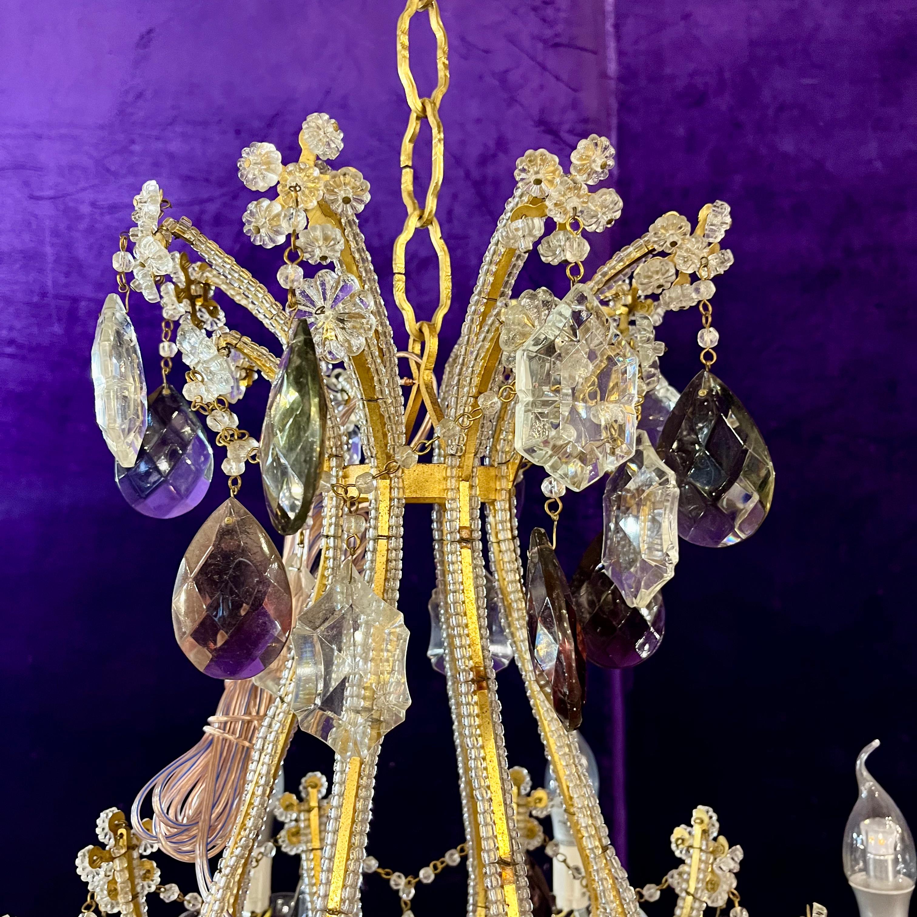 SOLD Exquisite Antique Brass Cage Chandelier with Crystal Flowers