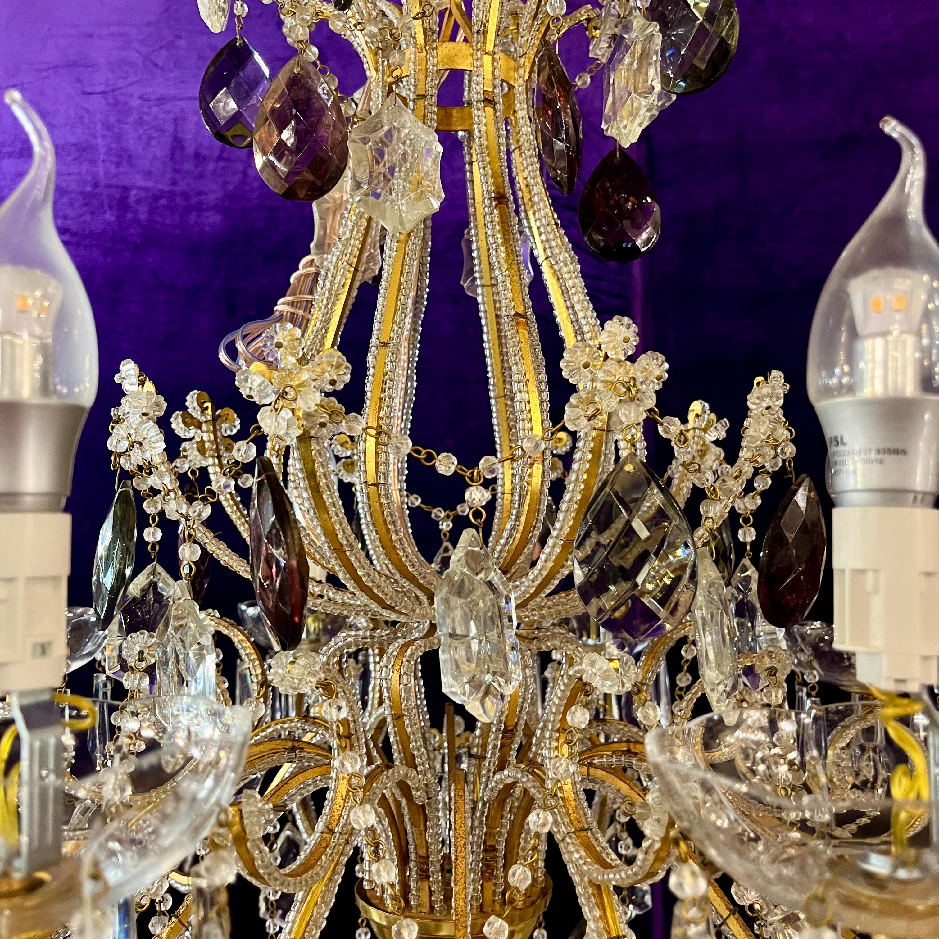 SOLD Exquisite Antique Brass Cage Chandelier with Crystal Flowers