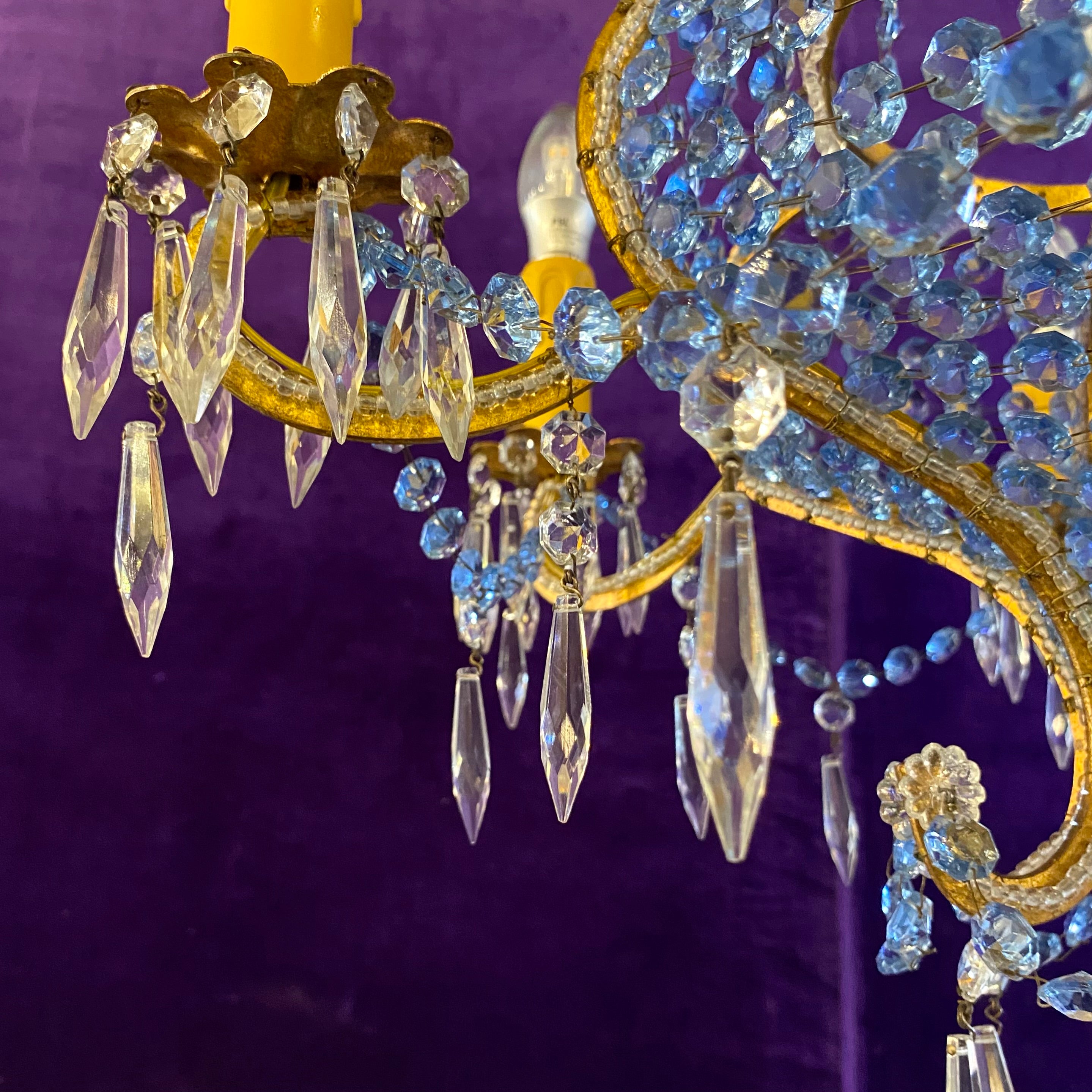 Antique Italian Beaded Chandelier with Original Blue Crystals