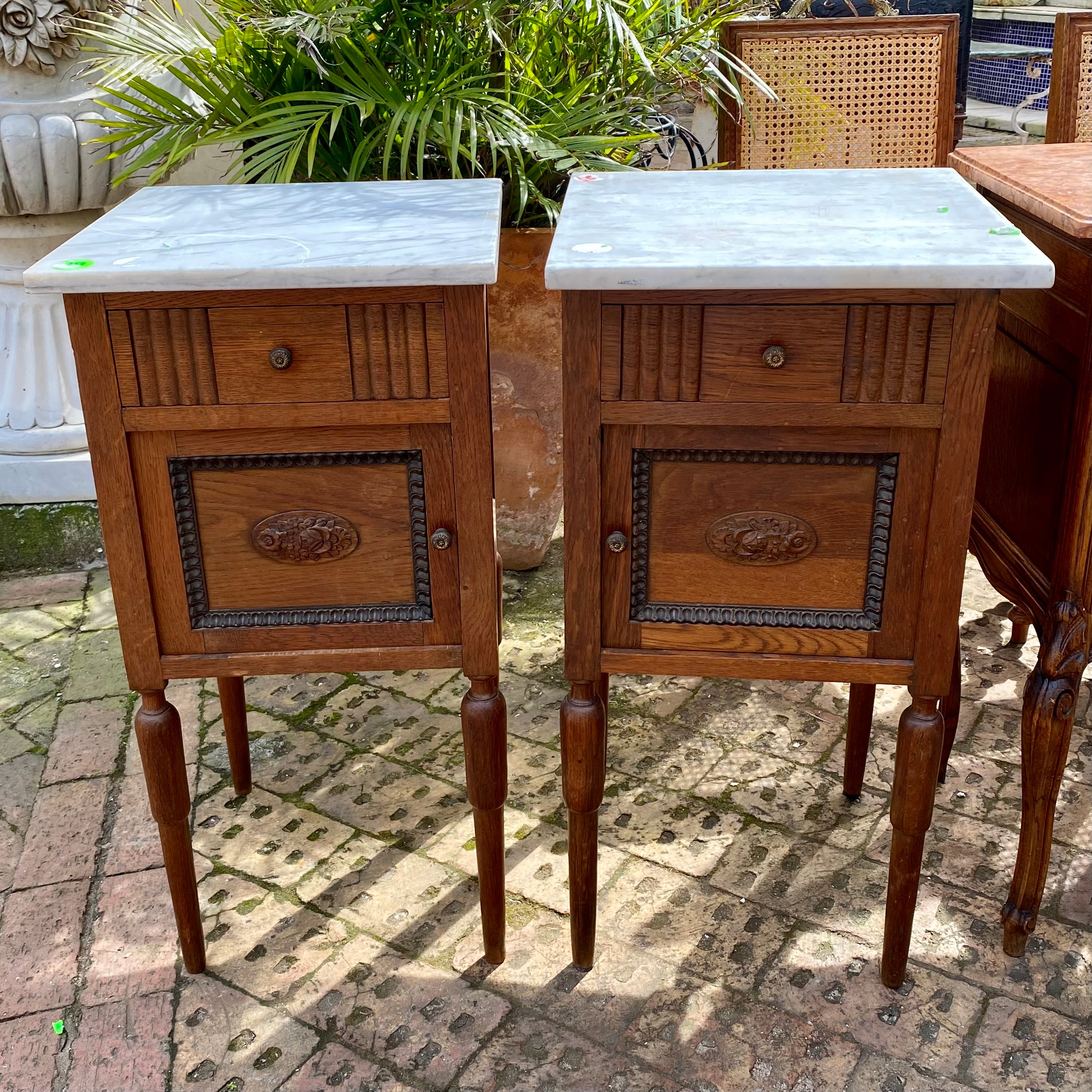 Antique Pair of Oak Bedside Tables with White Marble Top