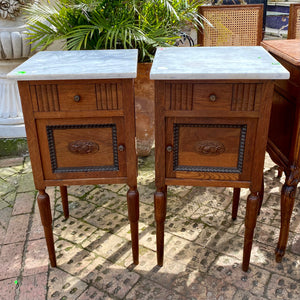 Antique Pair of Oak Bedside Tables with White Marble Top