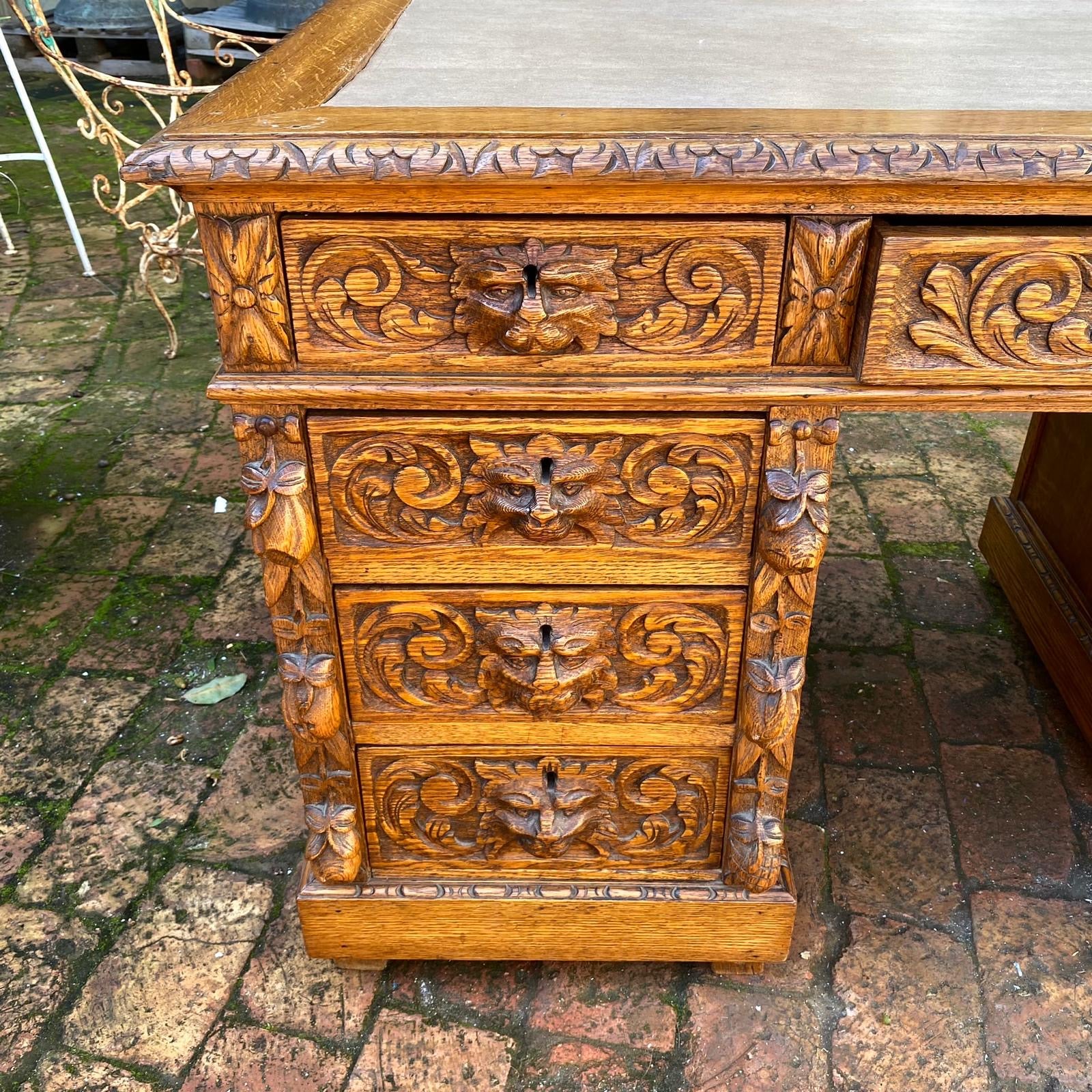 Antique Heavily Carved Oak French Desk