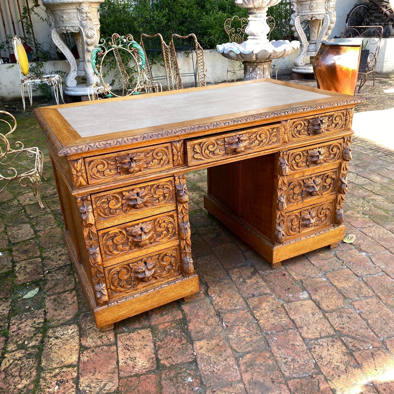 Antique Heavily Carved Oak French Desk