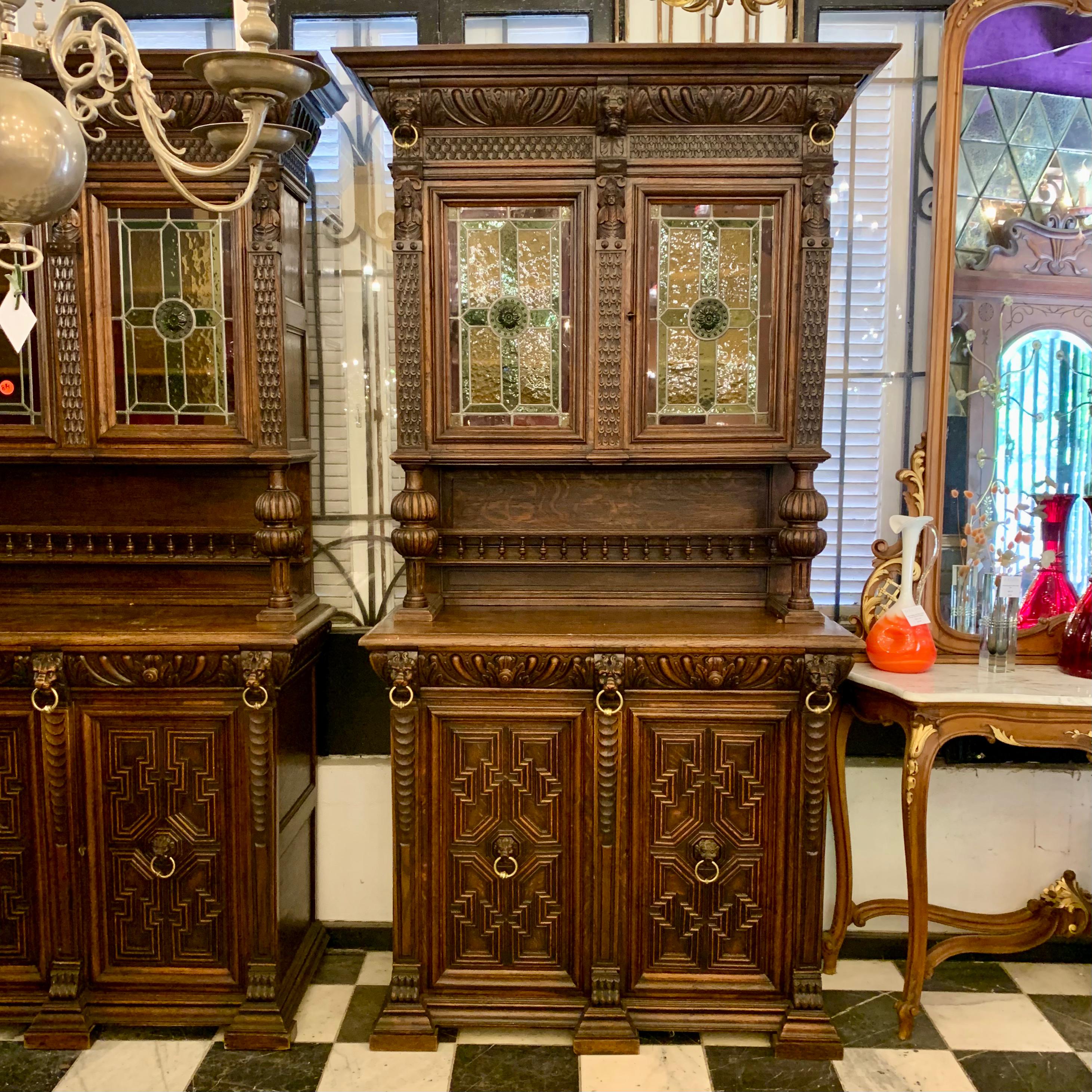 Antique Dark French Oak Cabinets with Stained Glass Doors