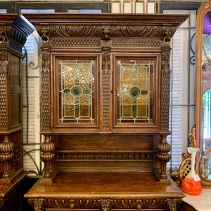 Antique Dark French Oak Cabinets with Stained Glass Doors