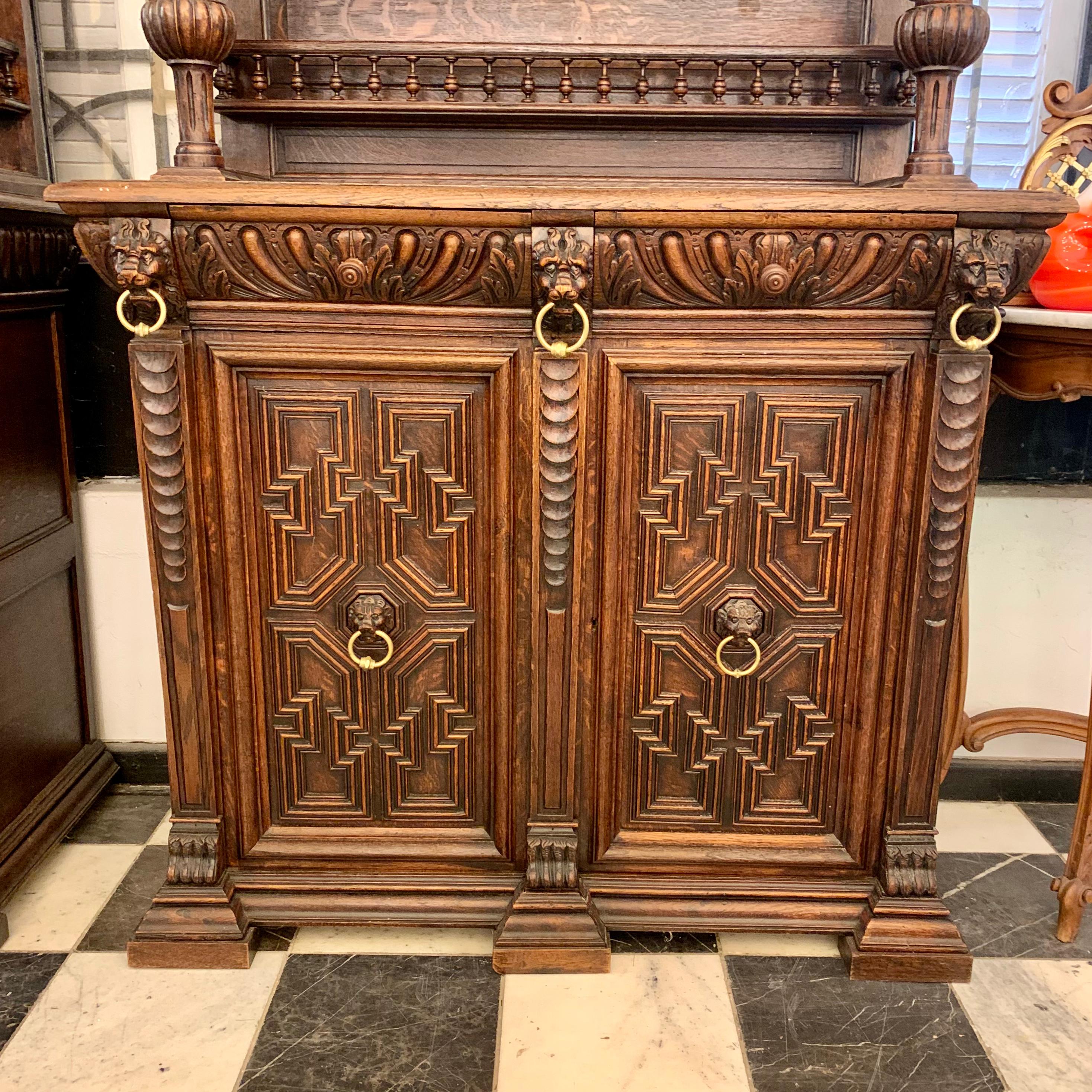 Antique Dark French Oak Cabinets with Stained Glass Doors