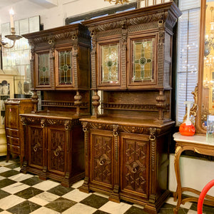Antique Dark French Oak Cabinets with Stained Glass Doors