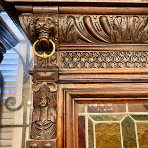 Antique Dark French Oak Cabinets with Stained Glass Doors
