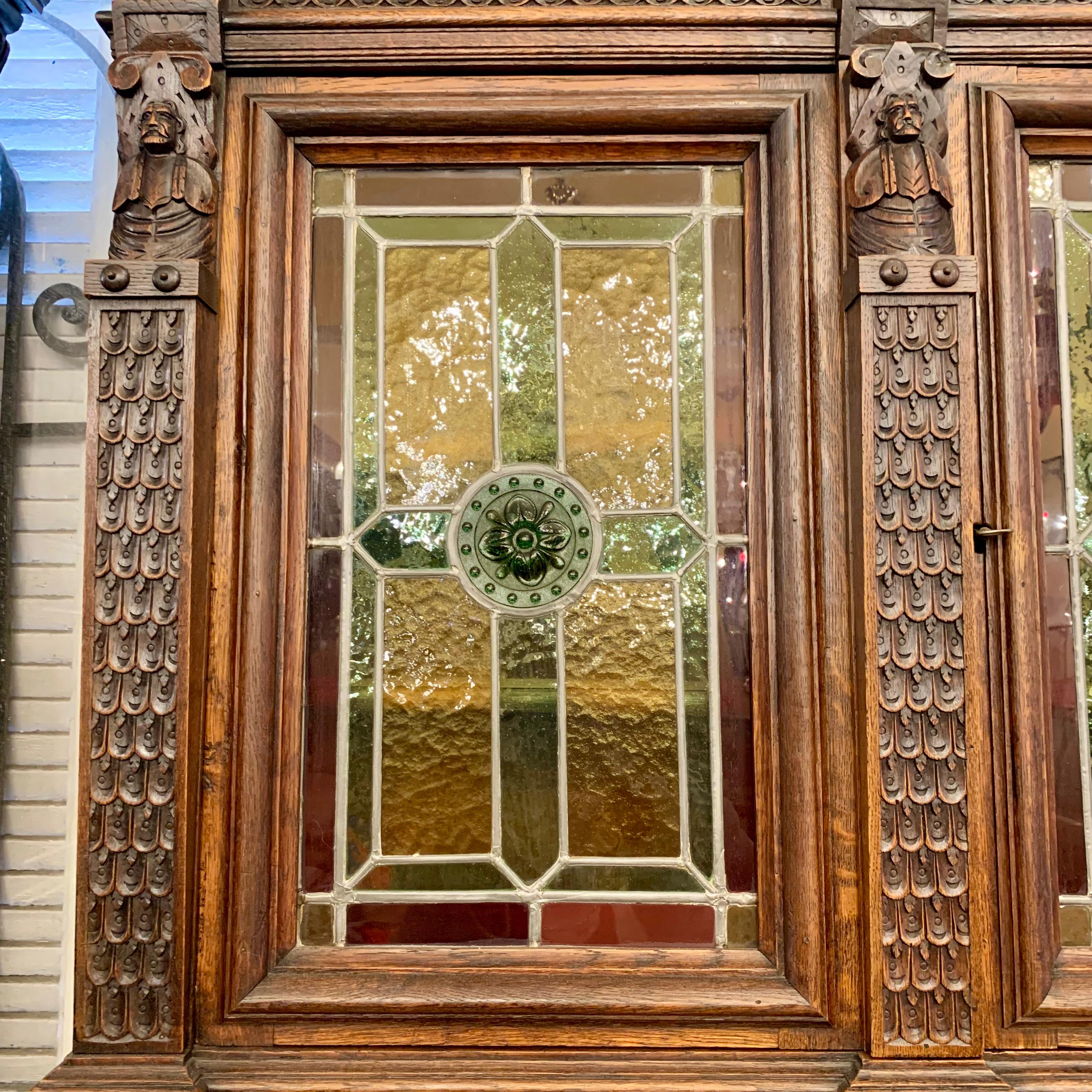 Antique Dark French Oak Cabinets with Stained Glass Doors