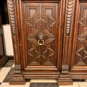 Antique Dark French Oak Cabinets with Stained Glass Doors