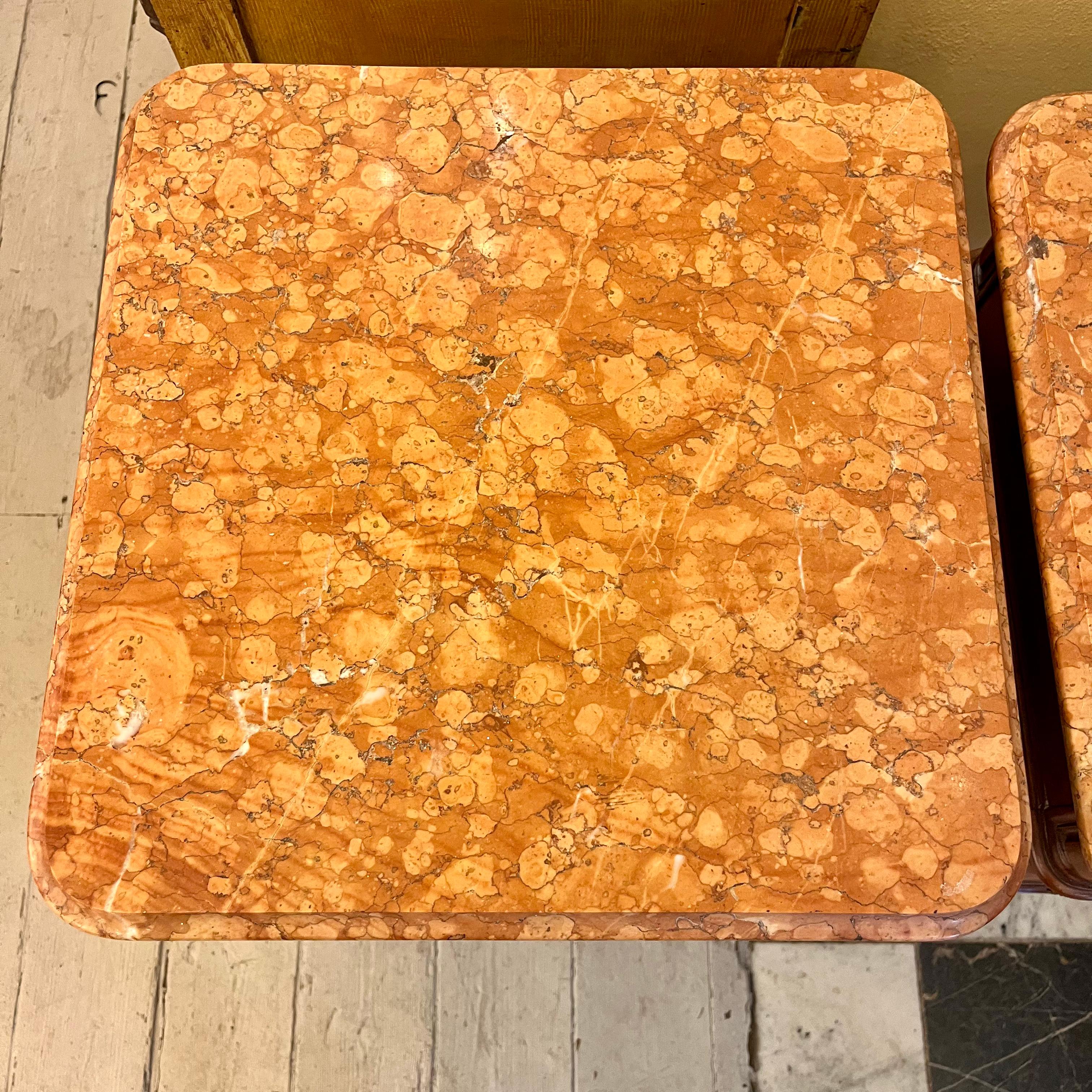 Antique Pair of Louis 15th Bedside Pedestals with Mottled Orange Marble Top