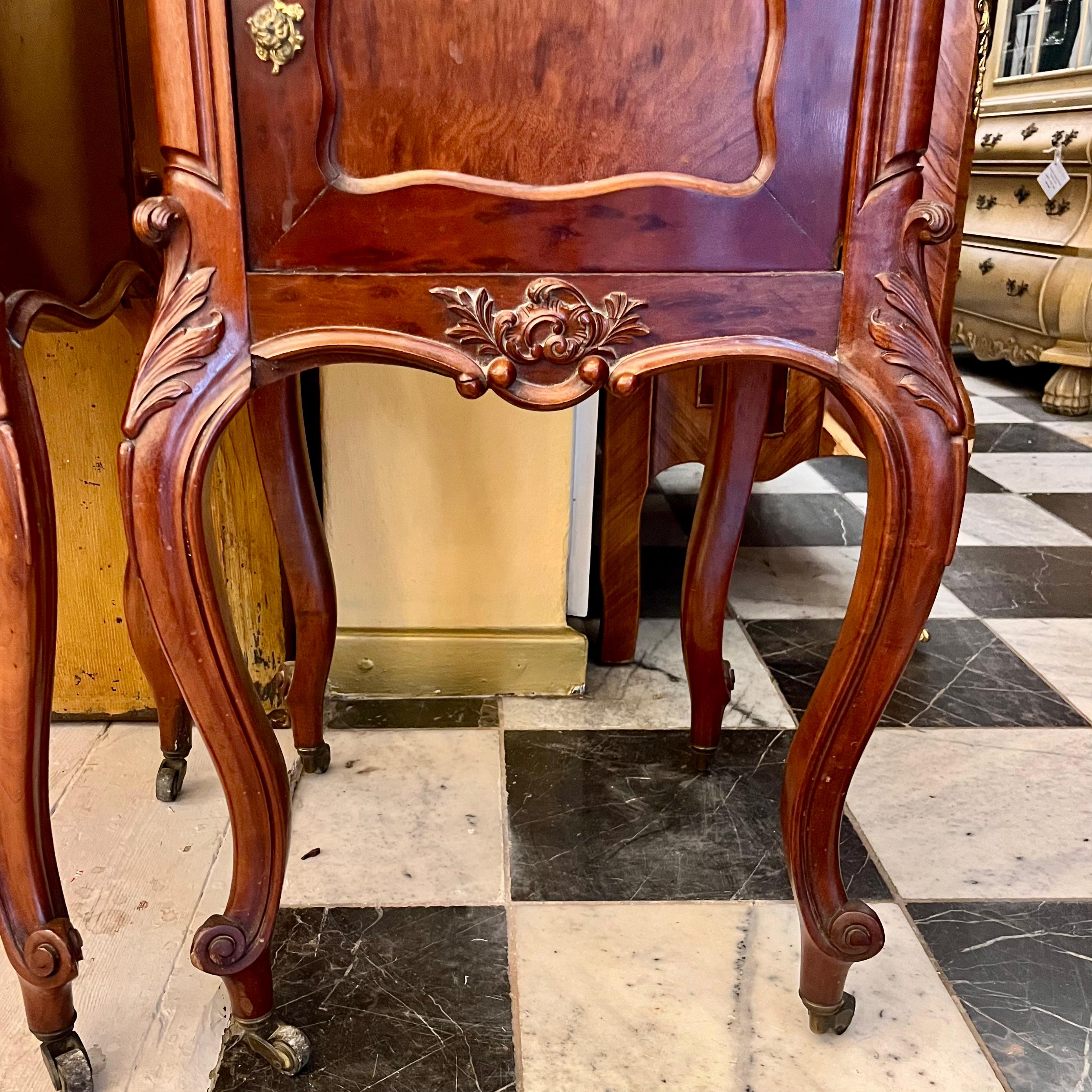 Antique Pair of Louis 15th Bedside Pedestals with Mottled Orange Marble Top