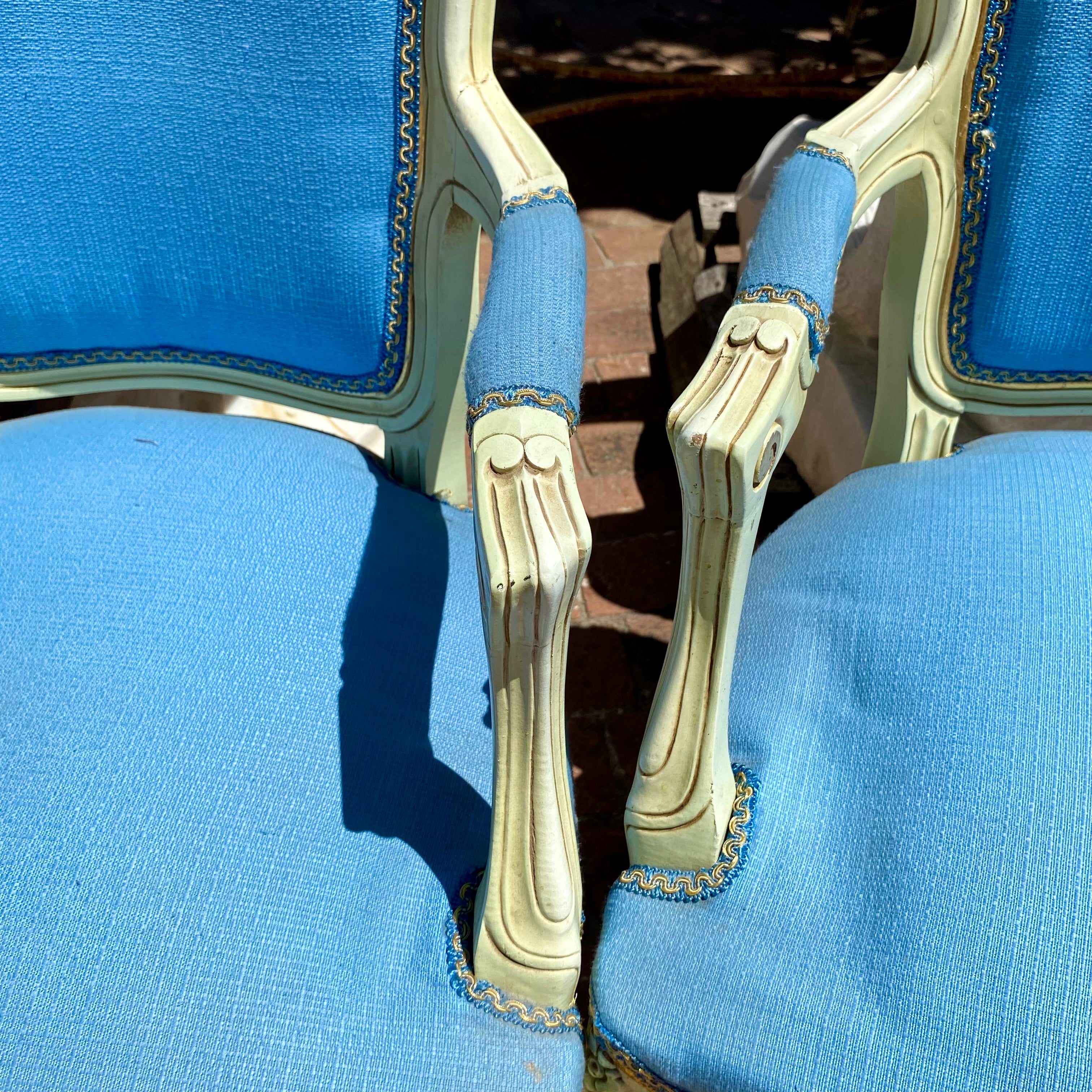 Pair of Cream and Gilt Salon Chairs with Ocean Blue Upholstrey