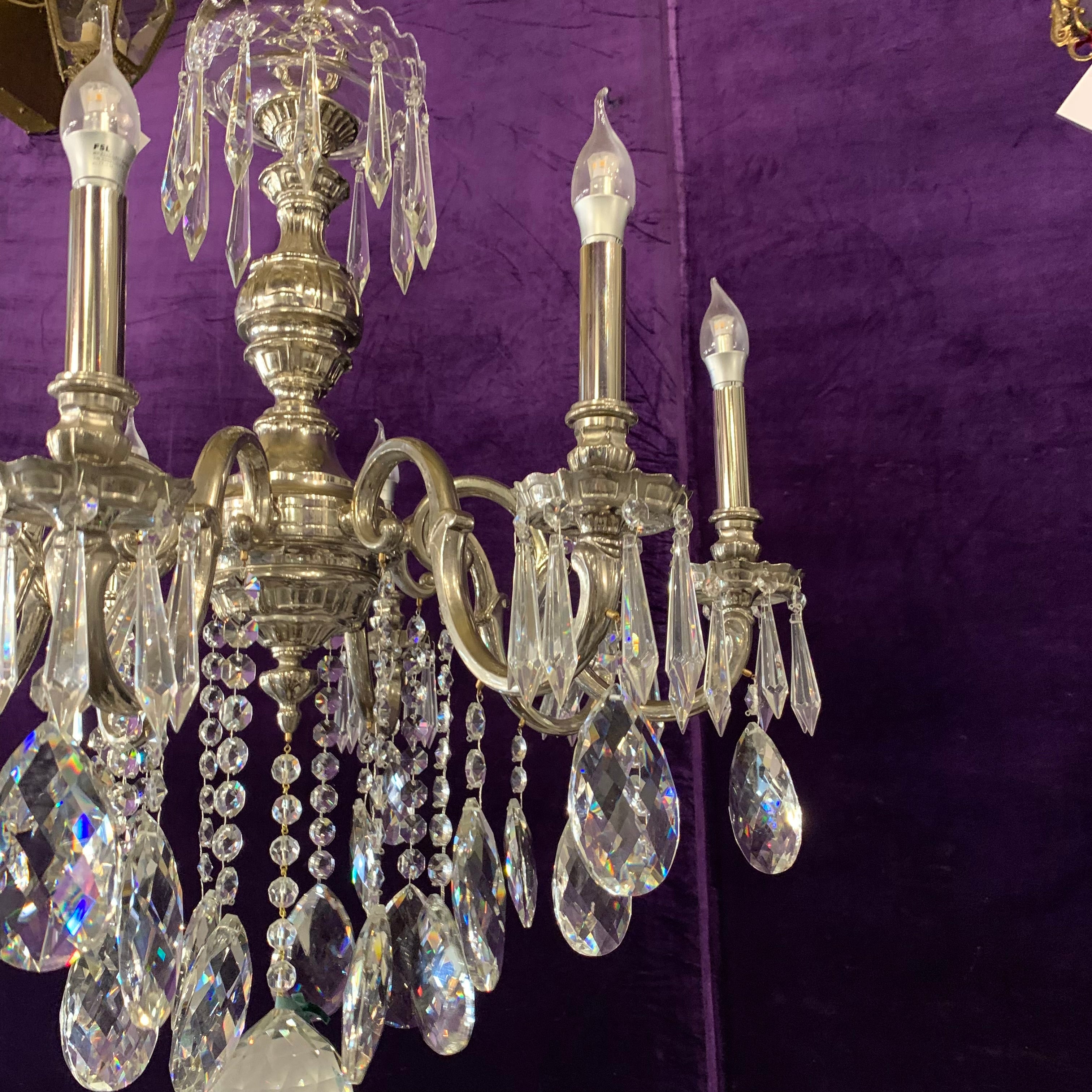 Antique Polished Nickel French Chandelier with Tear Drop Crystal