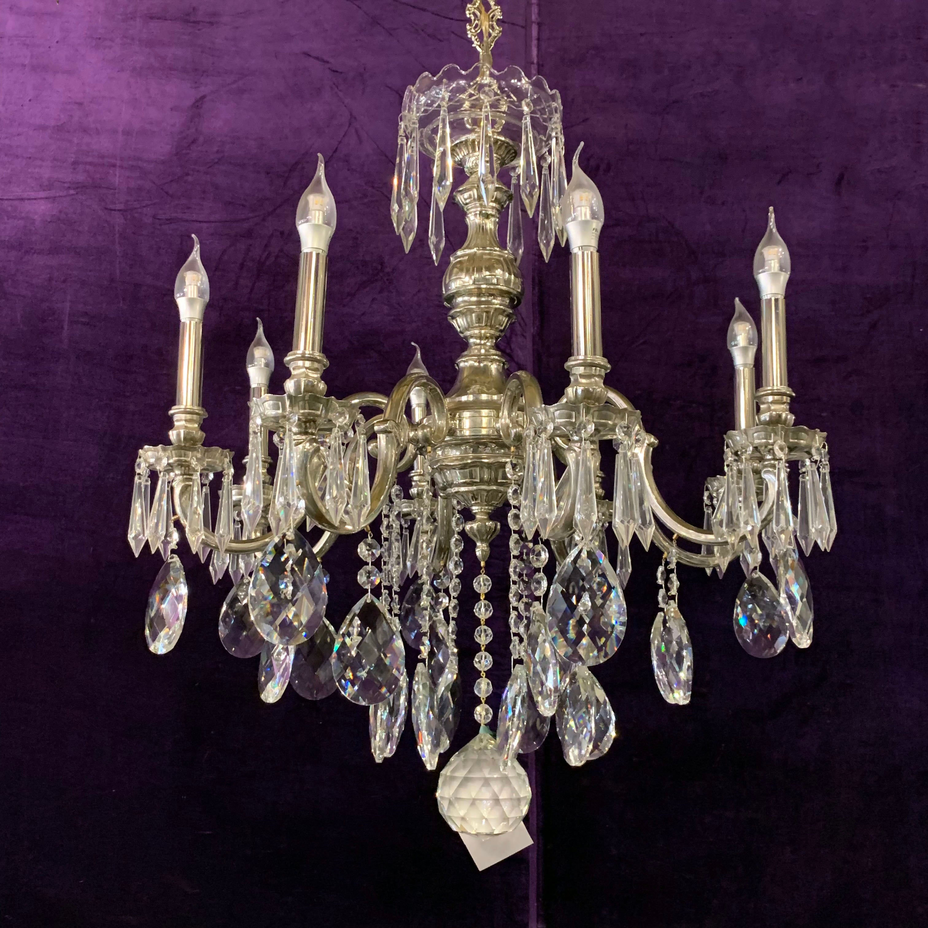 Antique Polished Nickel French Chandelier with Tear Drop Crystal