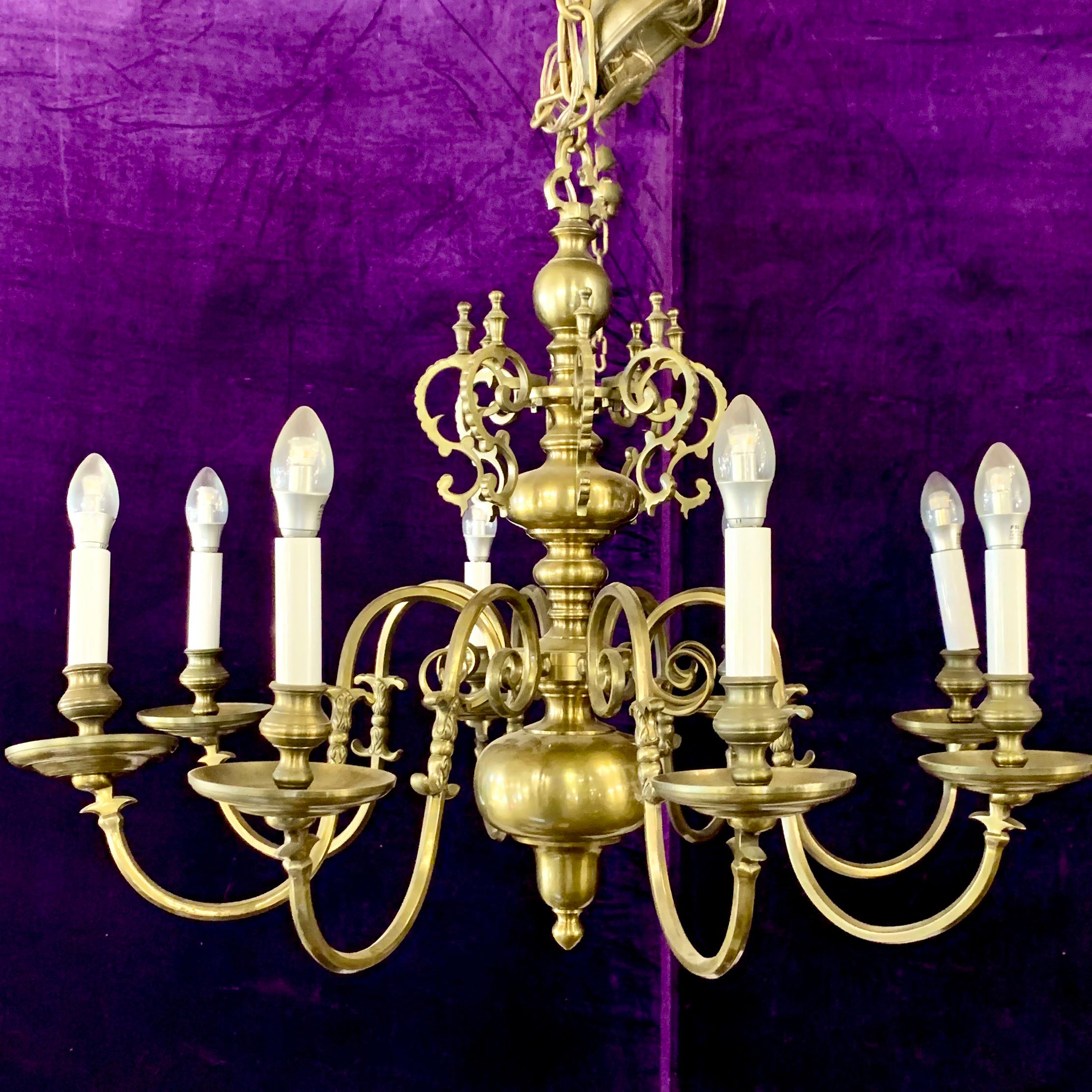 Antique Aged Ornate Brass Flemish Chandelier