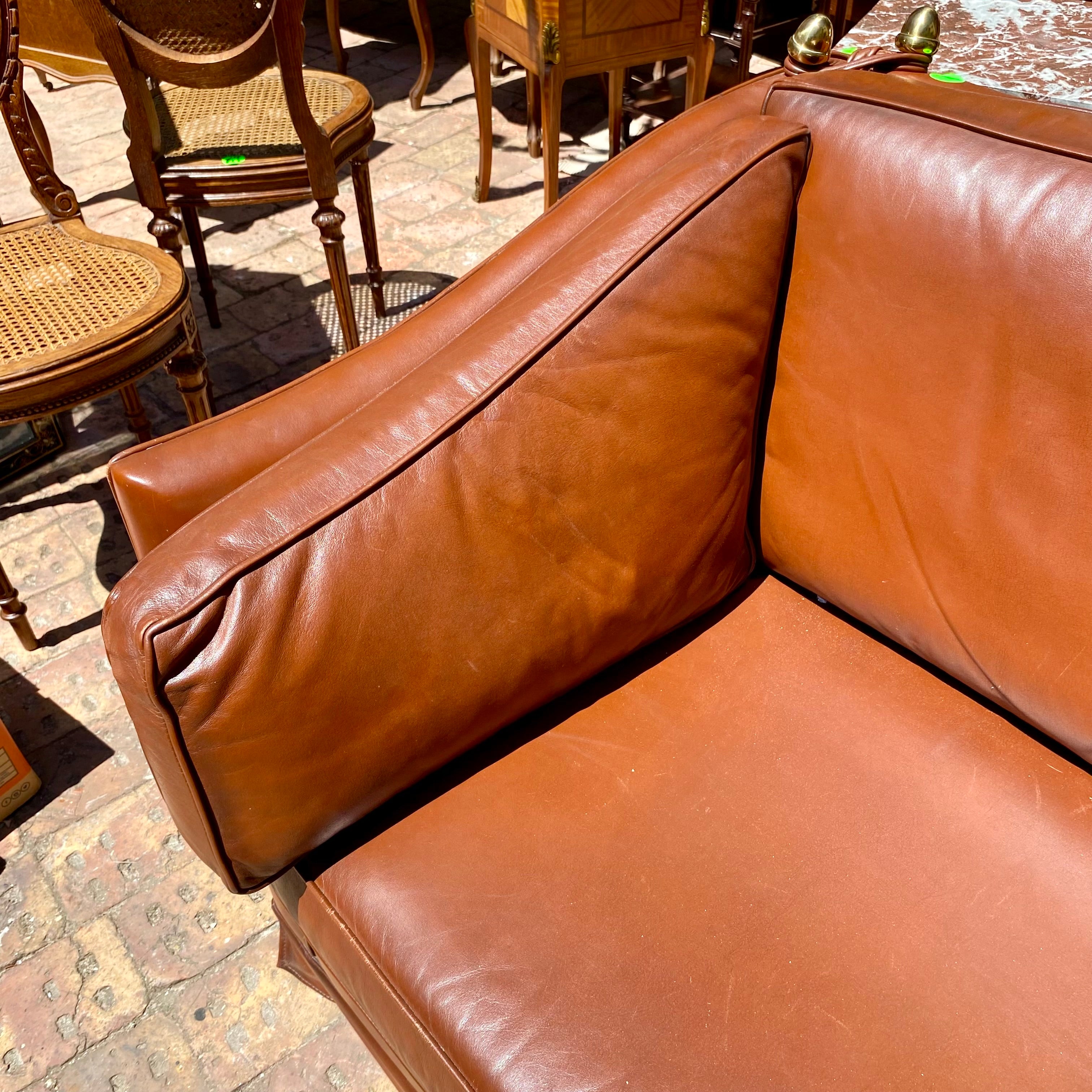 Antique Tan Leather Two Seater Sofa