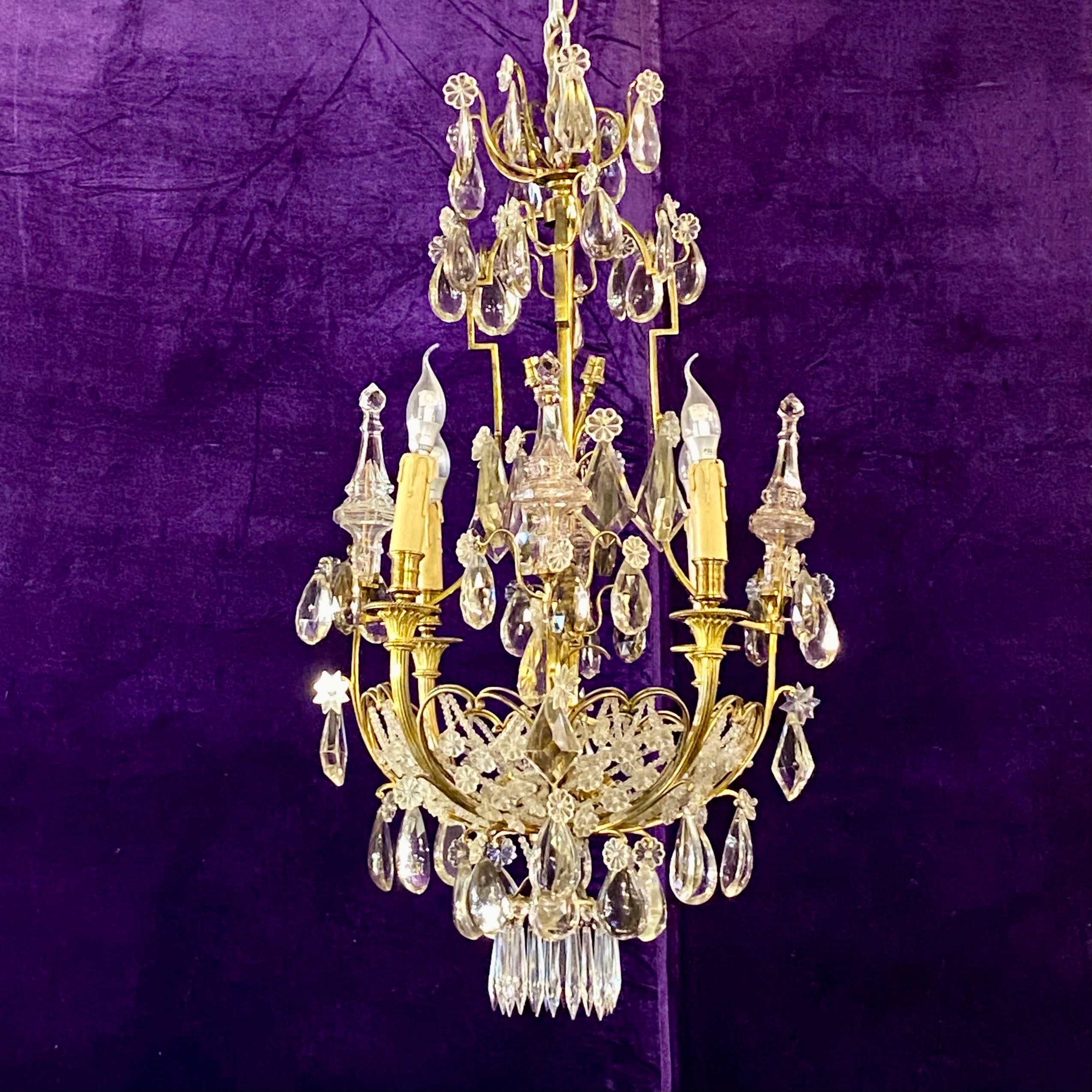 Stunning Brass Chandelier with Antique Drop Crystals