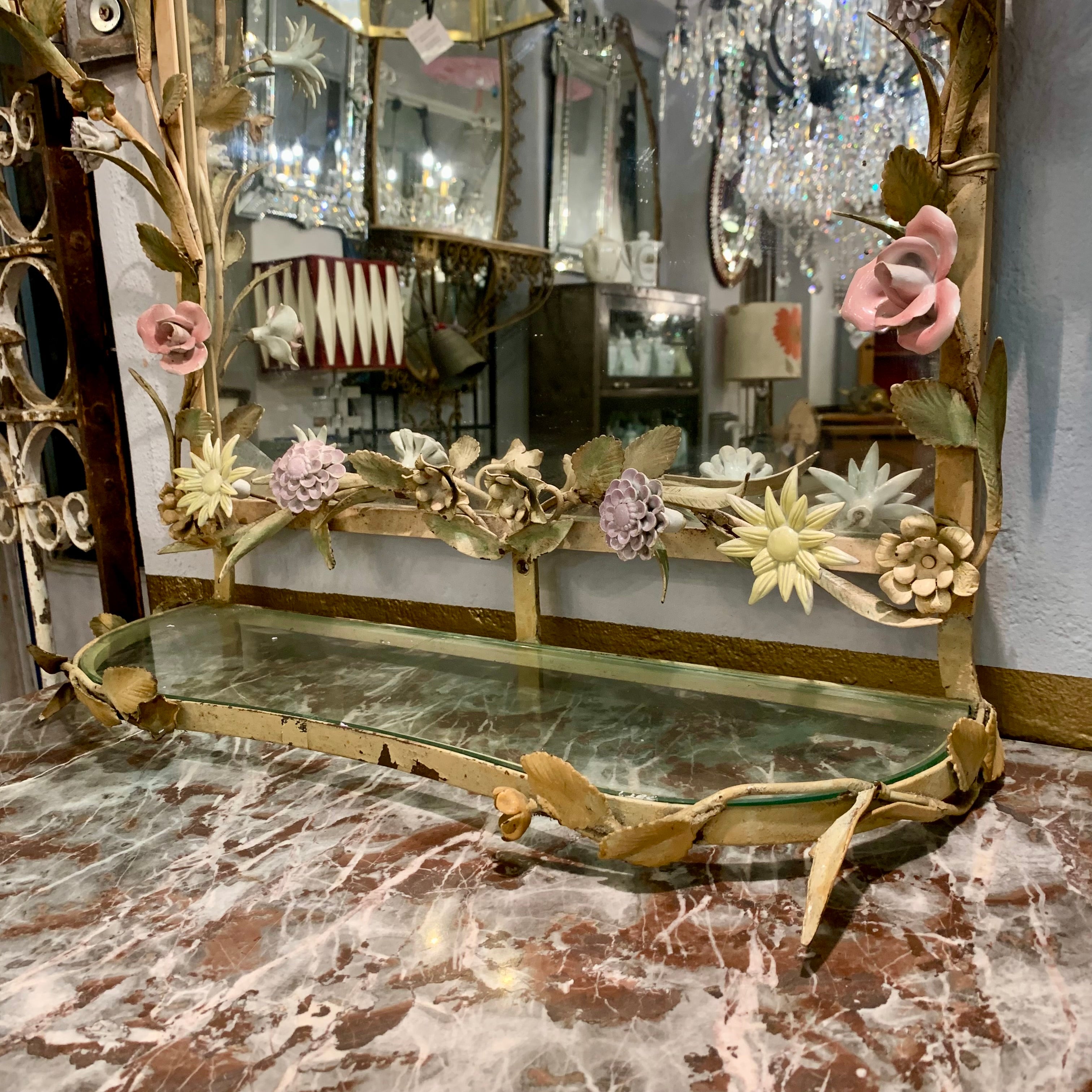 Stunning Wrought Iron Mirror with Porcelain Flowers