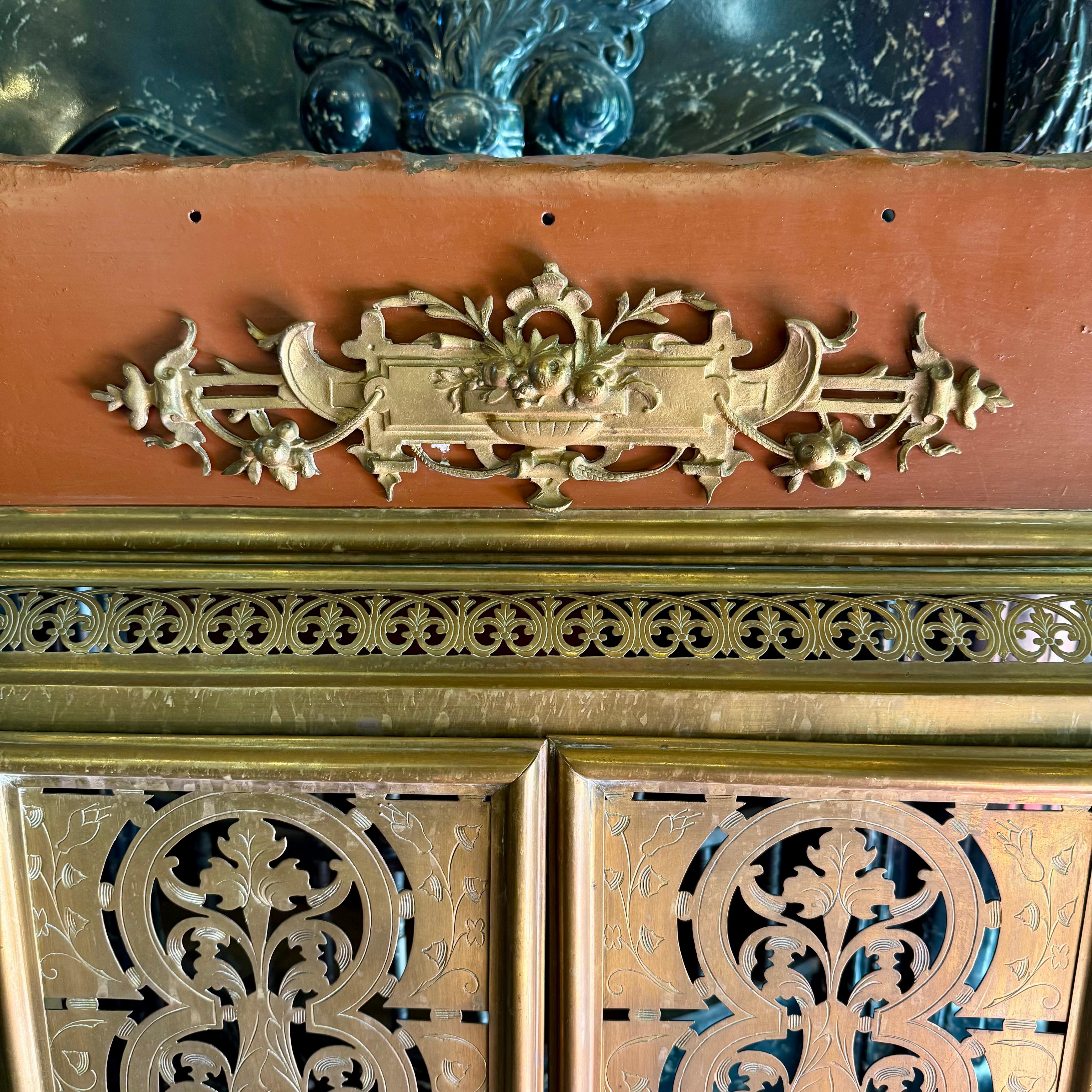 French Enamelled Metal Fireplace Surround with Brass Mounts, c. 1900