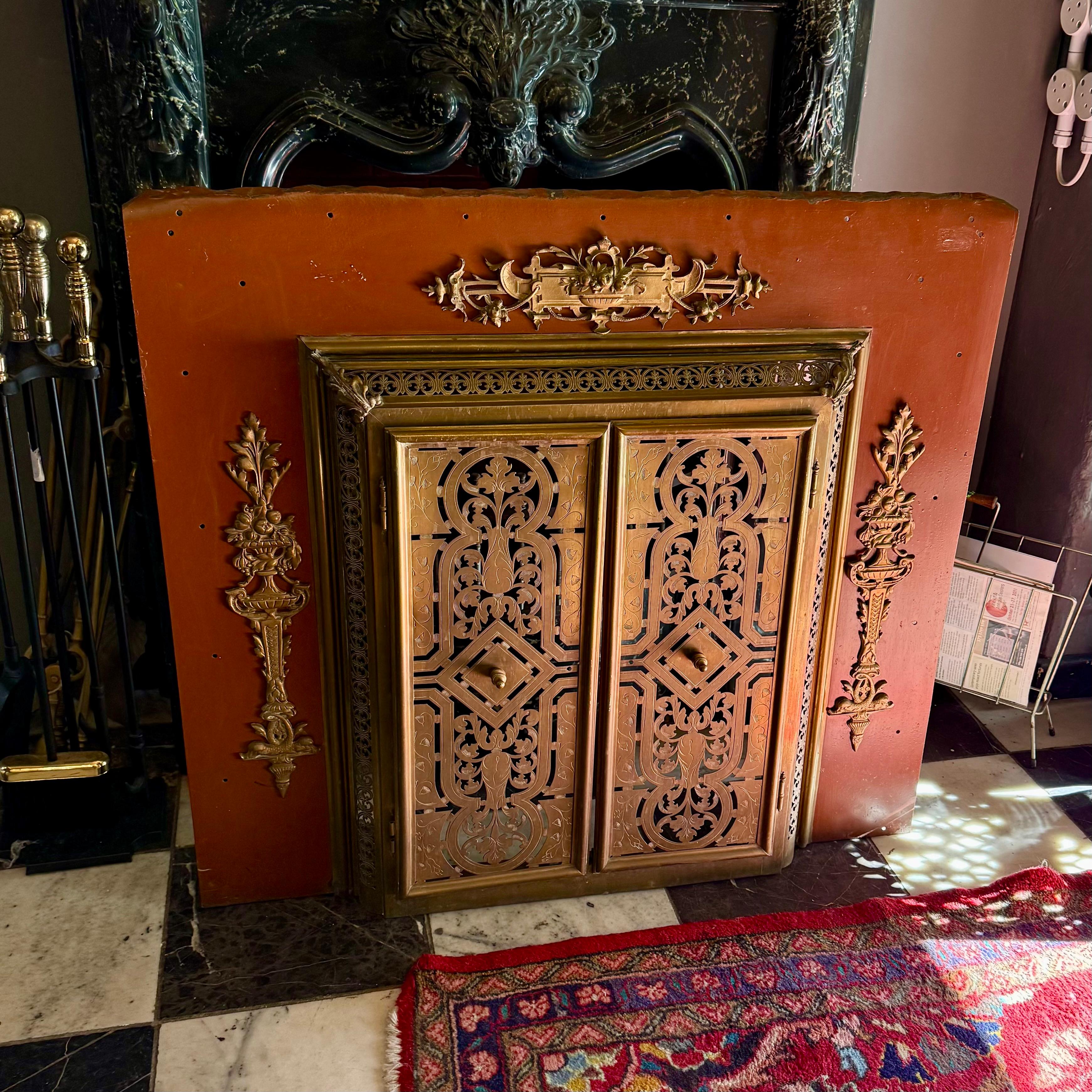 French Enamelled Metal Fireplace Surround with Brass Mounts, c. 1900