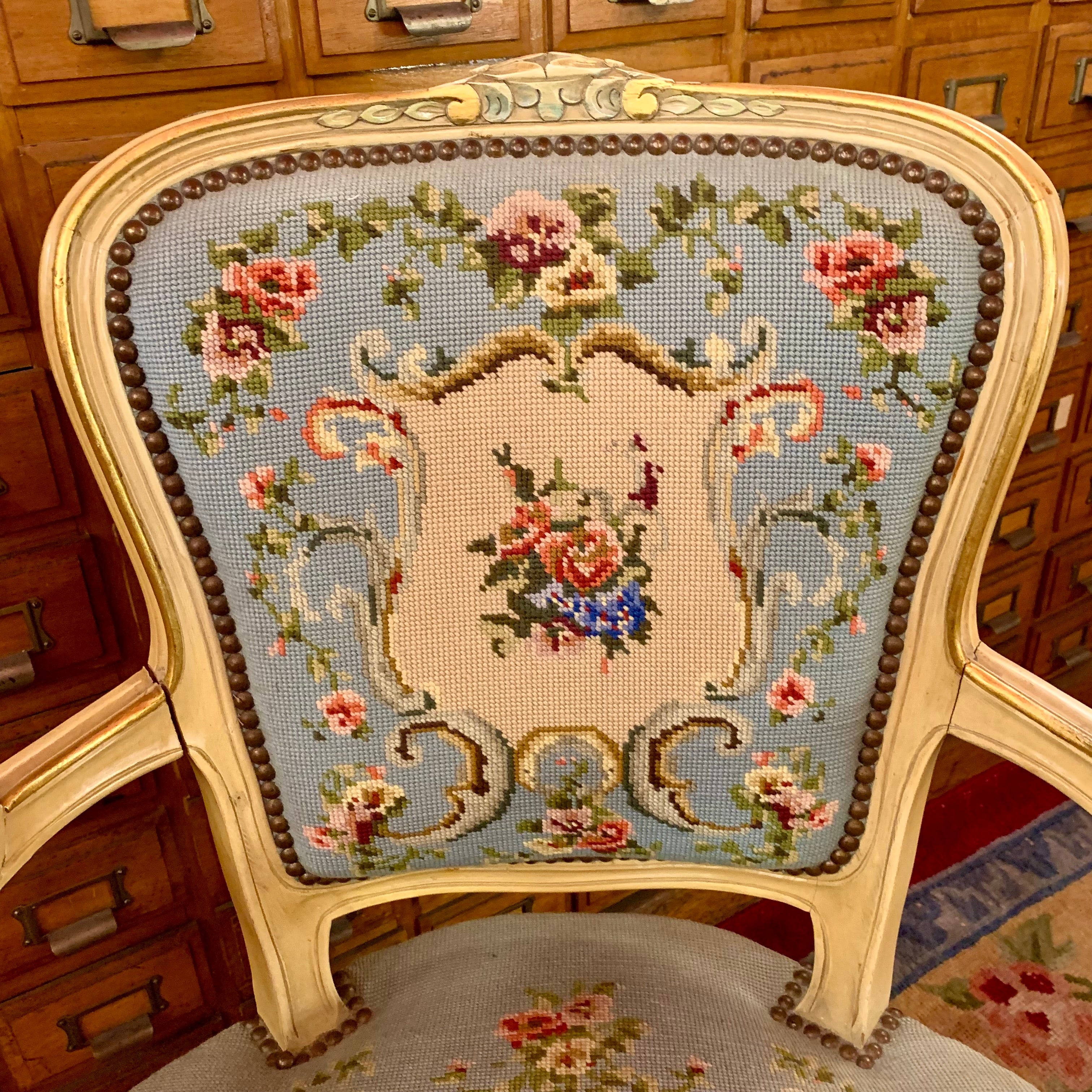 Stunning Antique Blue and Floral Needlepoint Armchair