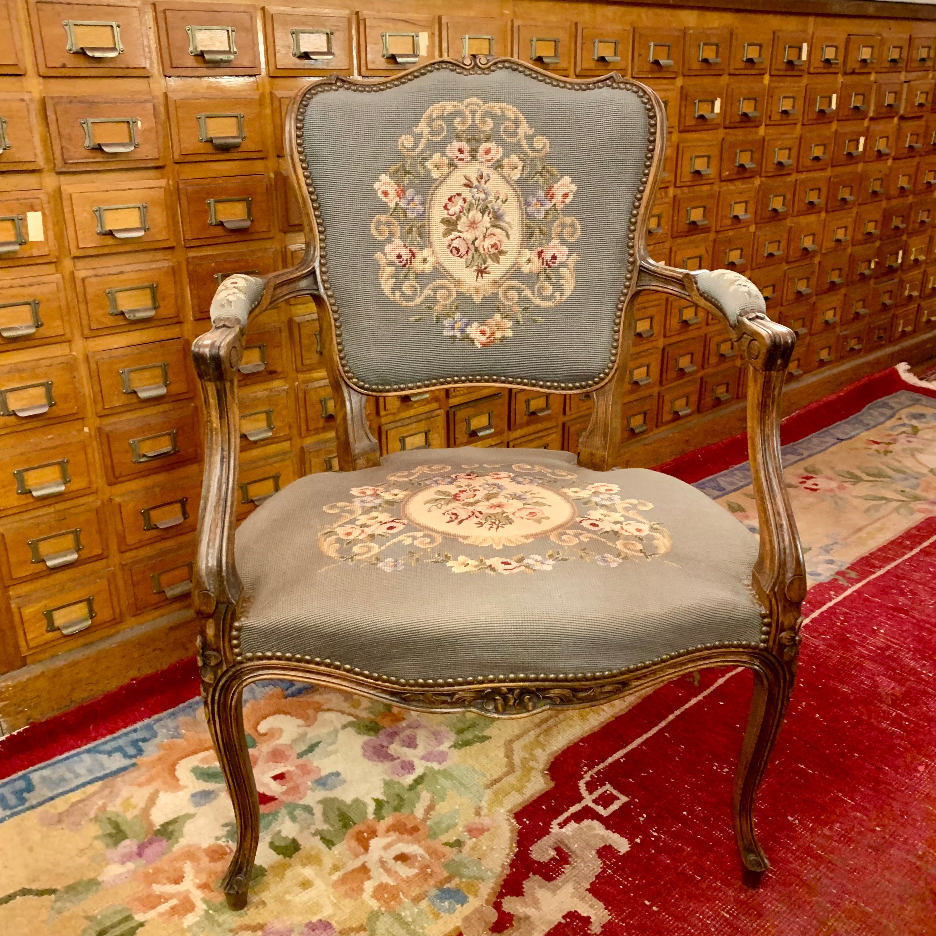 Pretty Pastel Floral Antique Oak Needlepoint Armchair