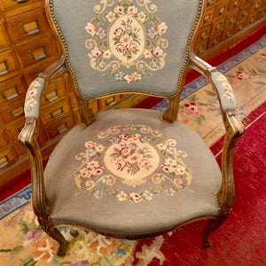 Pretty Pastel Floral Antique Oak Needlepoint Armchair