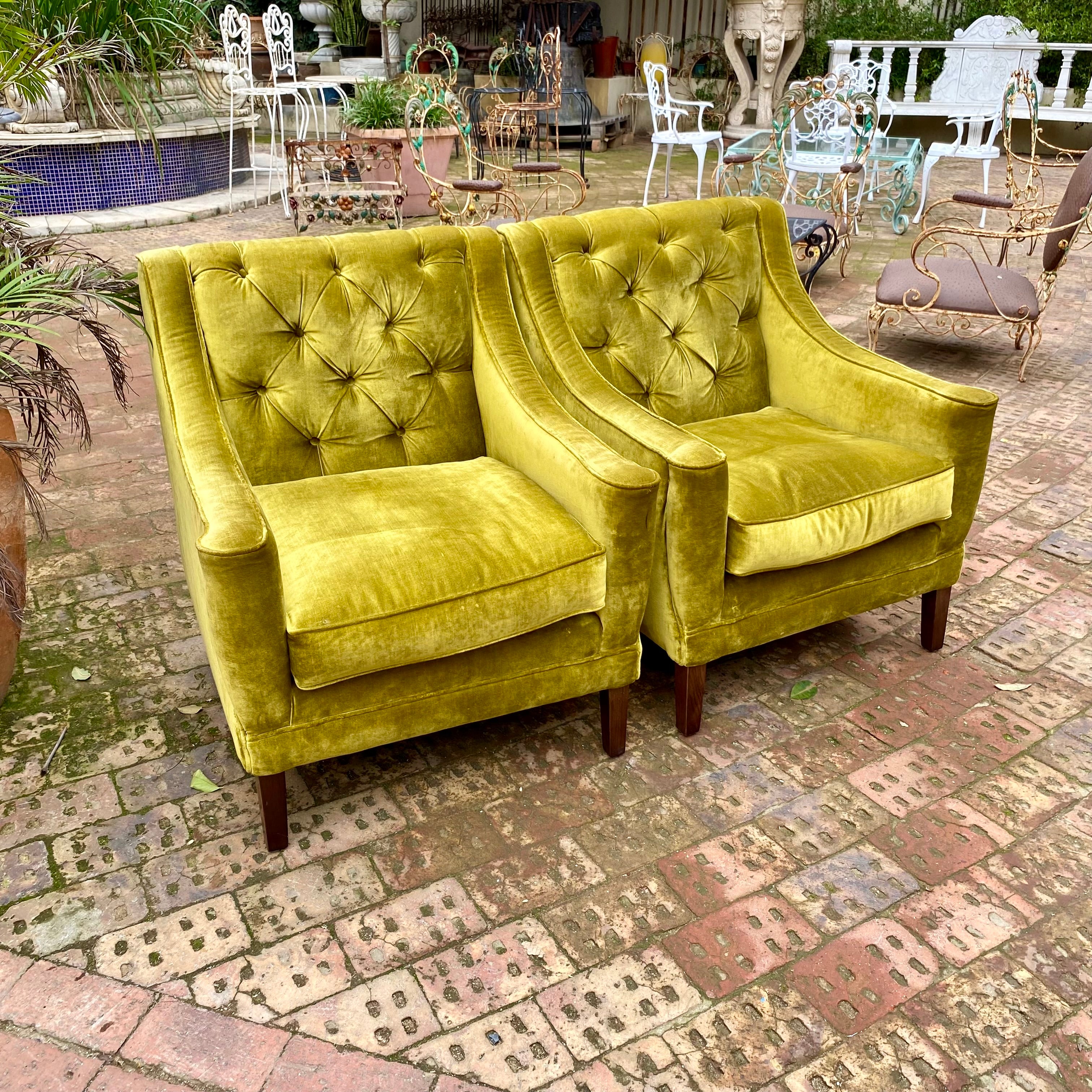 Pair of Vintage Velvet Button Back Armchairs