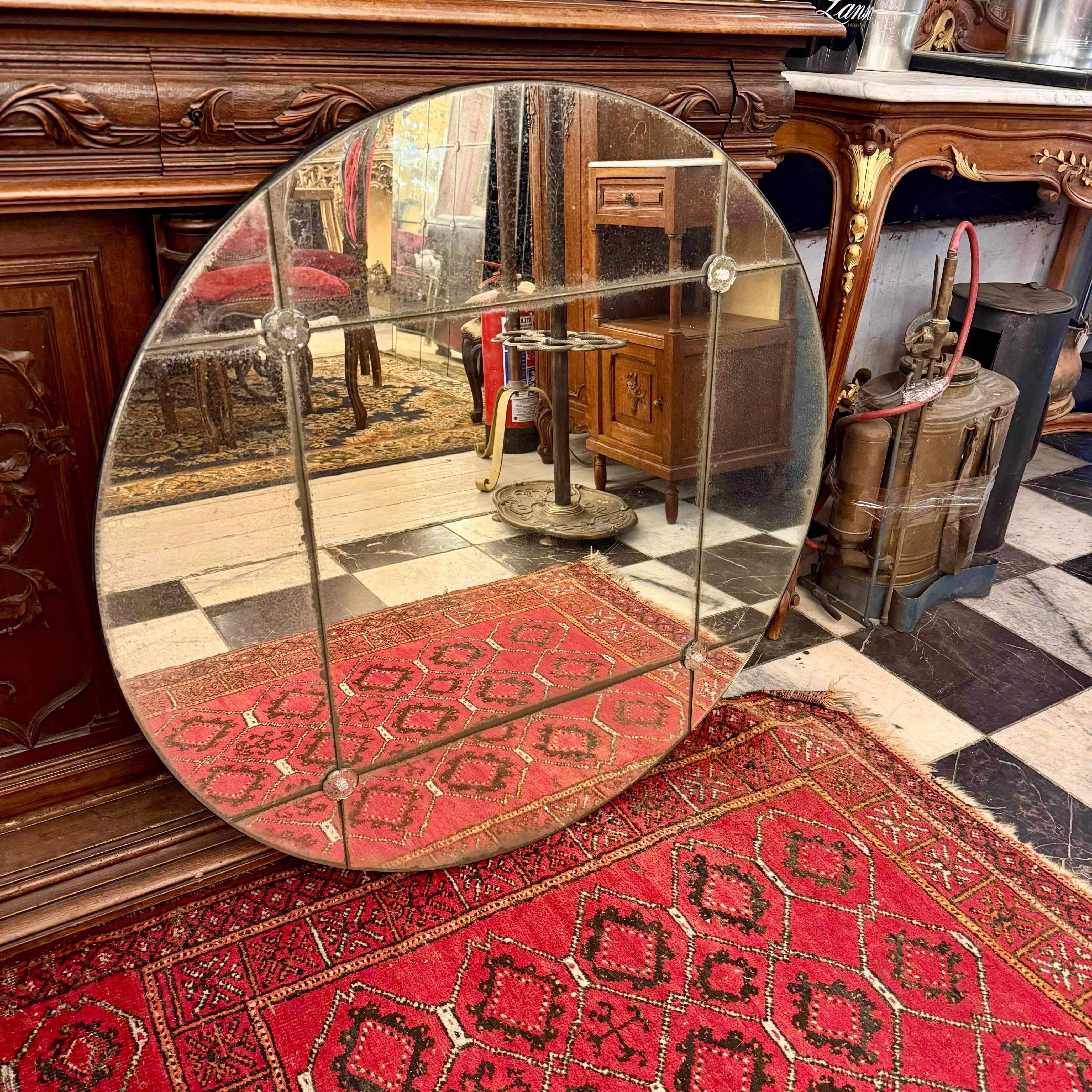 Aged Circle Panelled Mirror with Rosettes