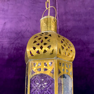 Moroccan Style Brass Lantern with Pressed Glass Panels