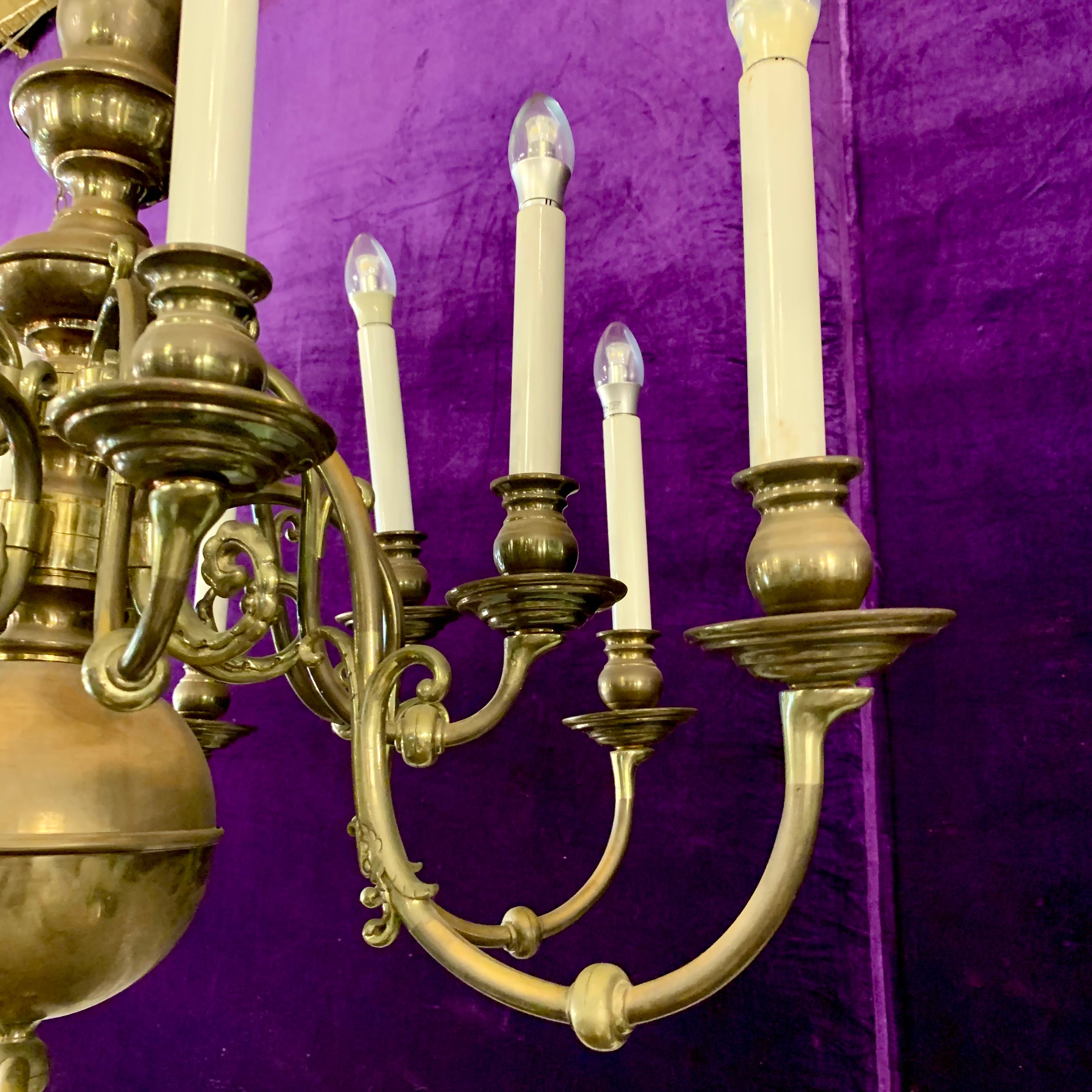 Antique Flemish Double Tier Chandelier in Polished Brass