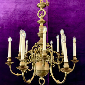 Antique Flemish Double Tier Chandelier in Polished Brass