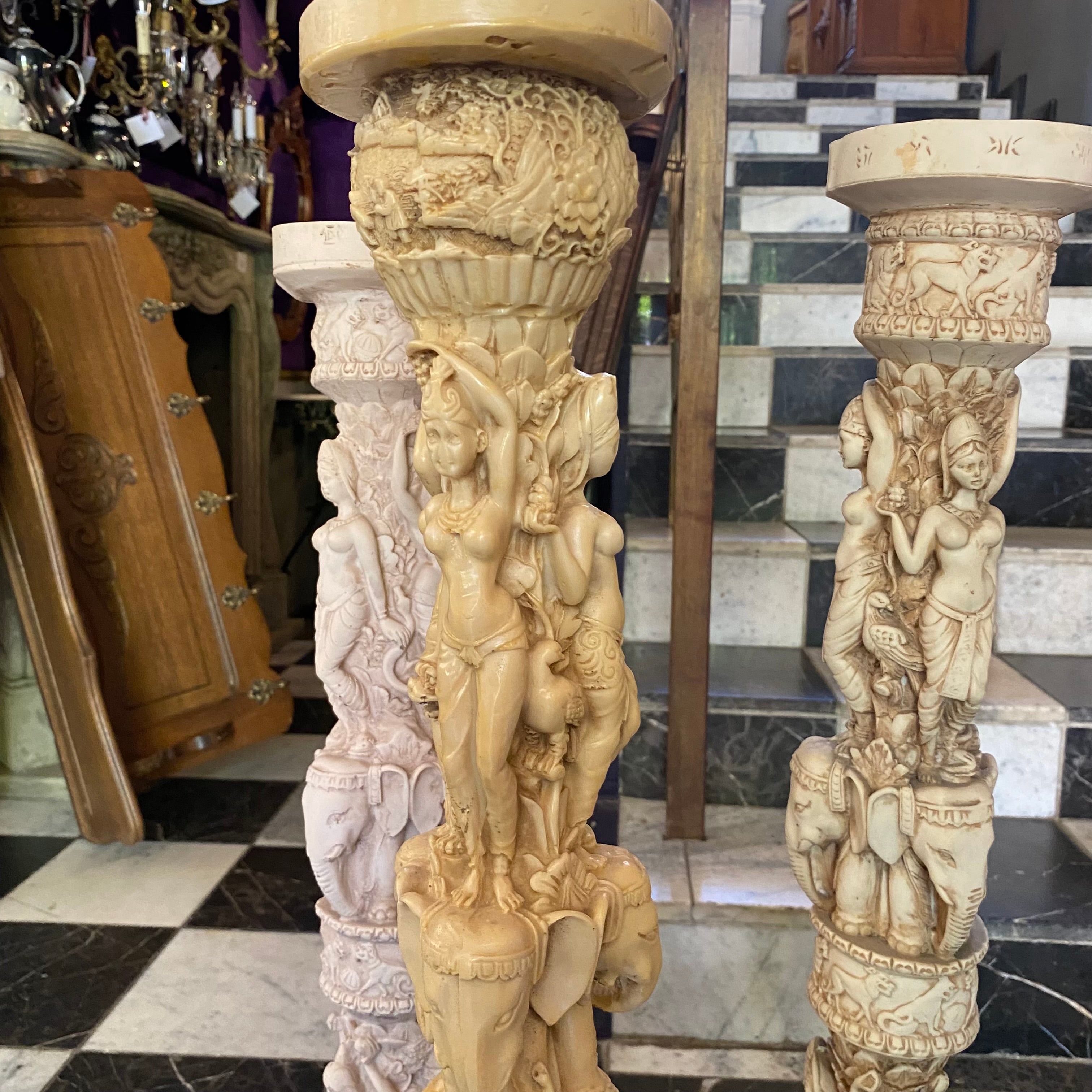 Antique Asian Style Hand Carved Pillars