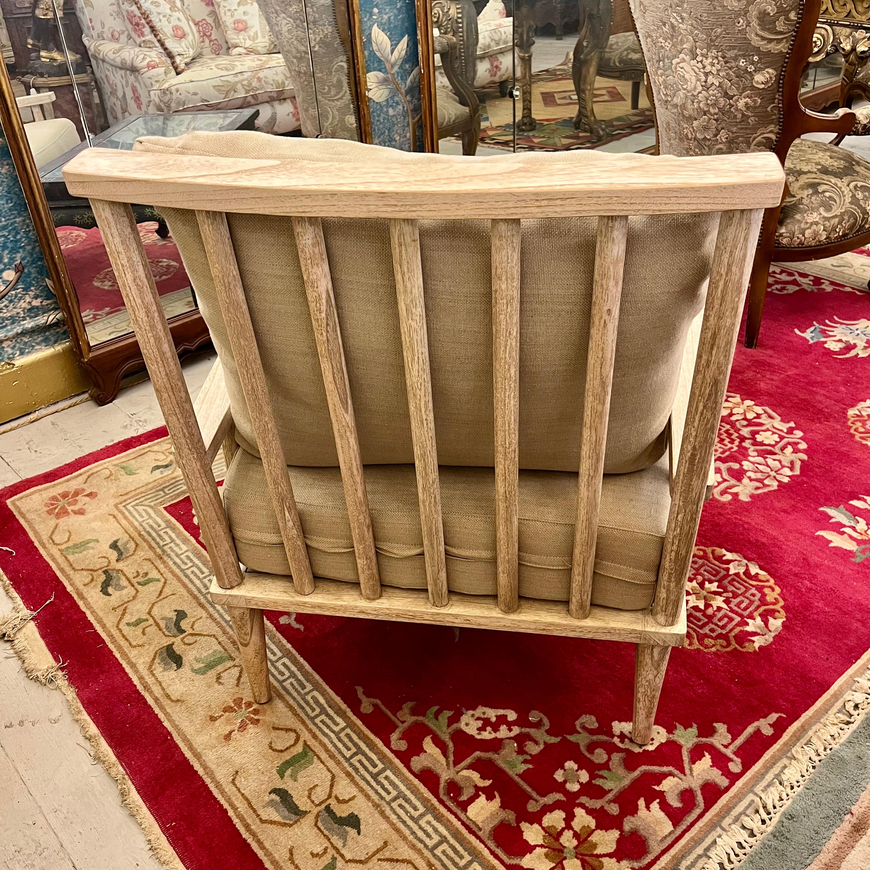 Whitewashed Wood Armchair with Linen Upholstery