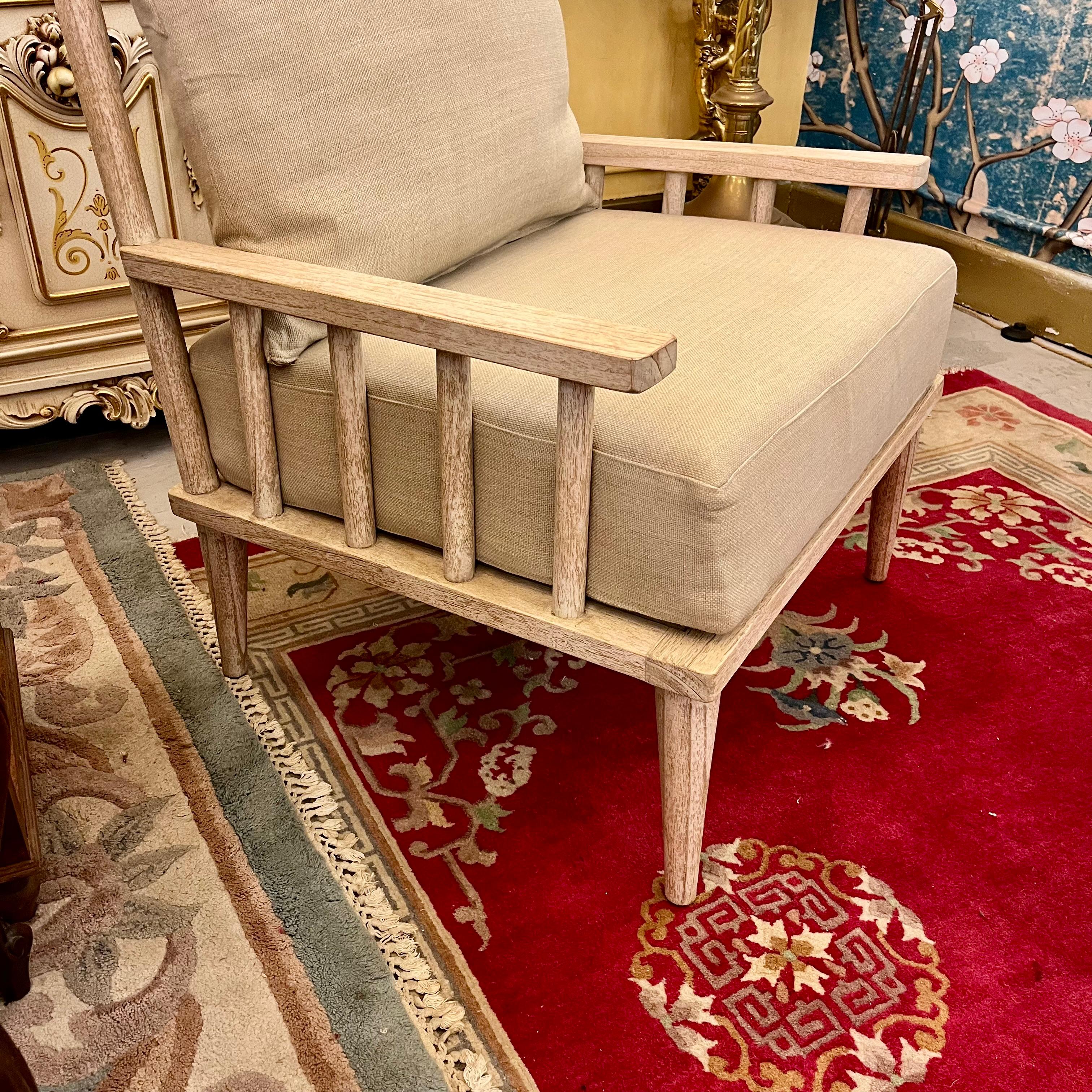 Whitewashed Wood Armchair with Linen Upholstery