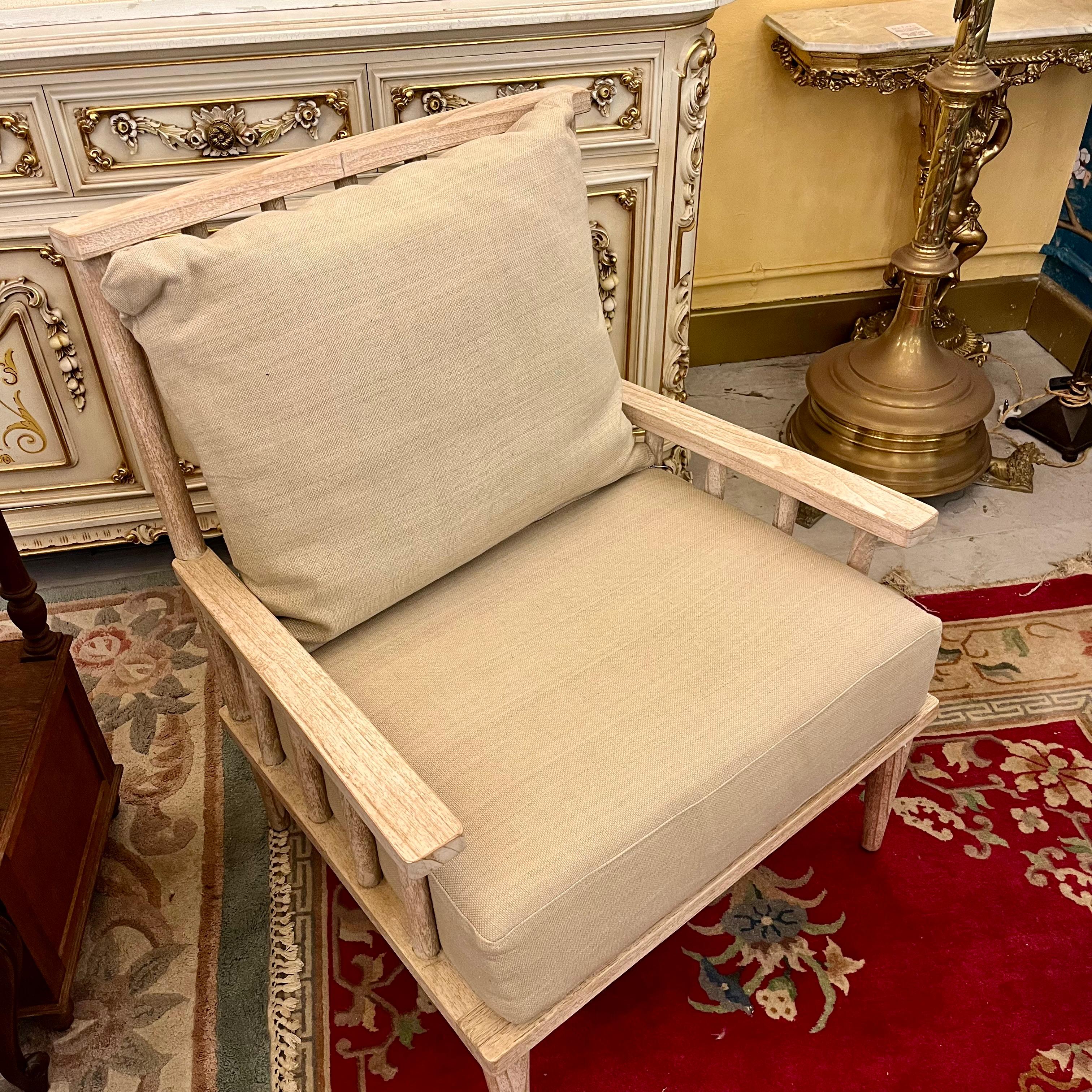 Whitewashed Wood Armchair with Linen Upholstery